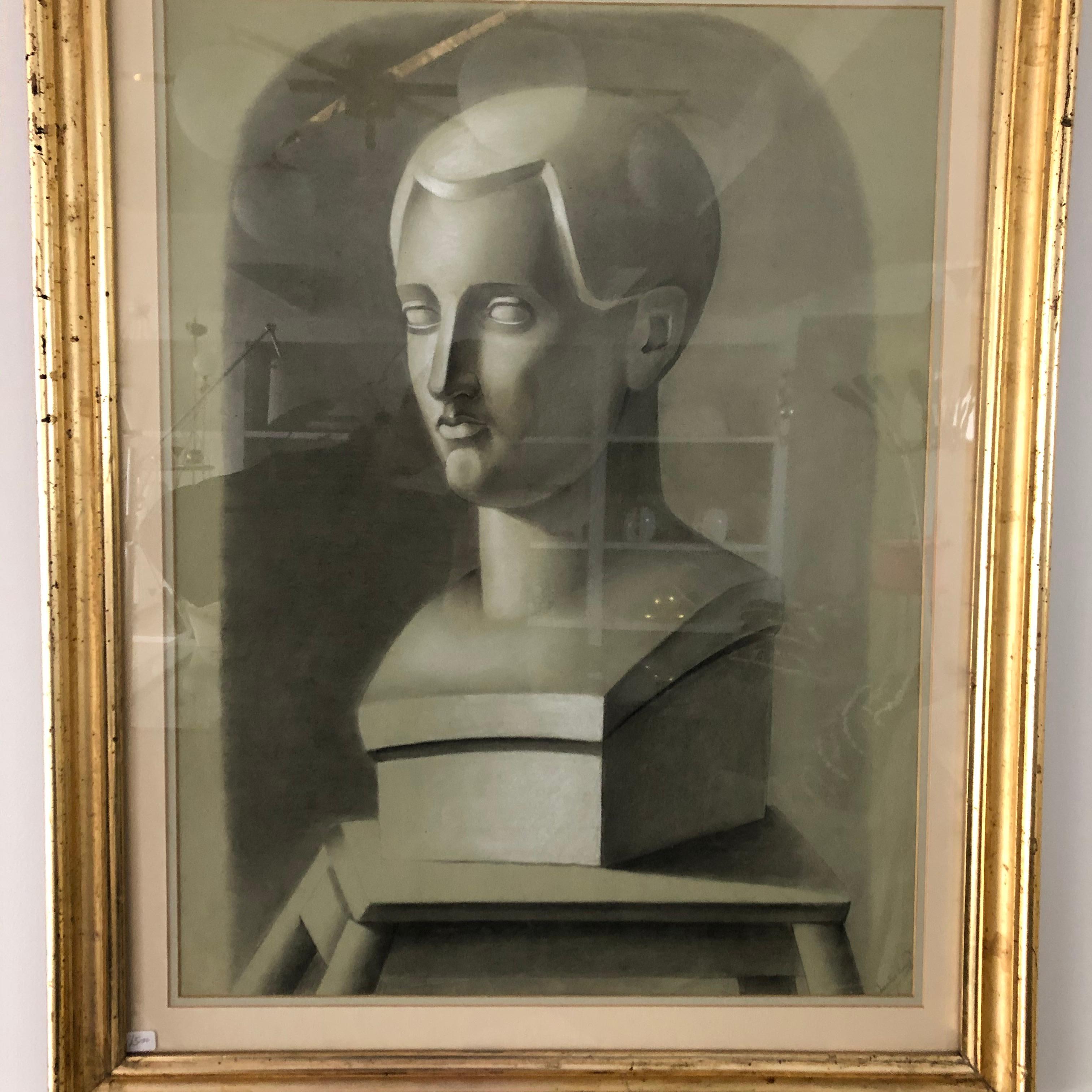 This early 20th century portrait depicts the bust of a man on pedestal, drawn from a sculptural piece in charcoal. These were popular 19th century renditions usually done in a neoclassic style but with modern influences. Matted and framed in lemon