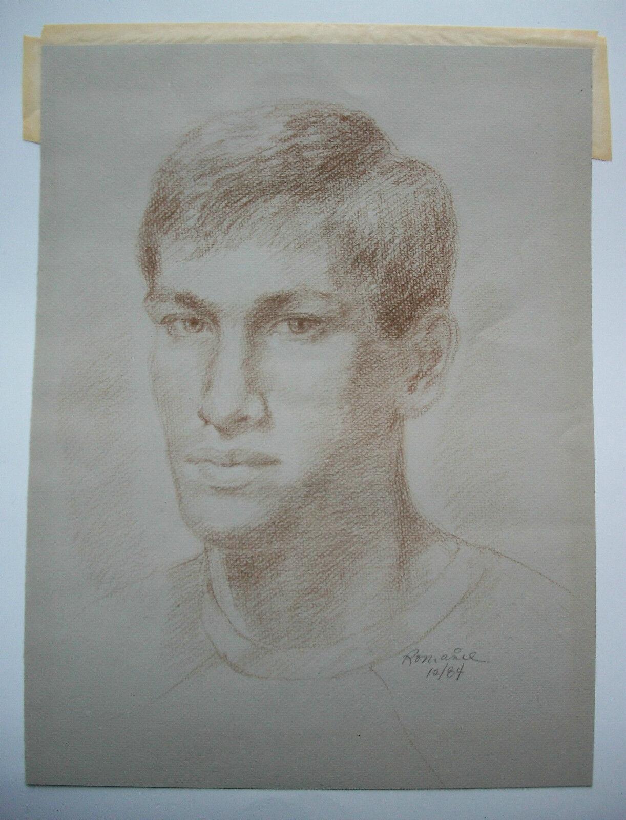 Hand-Painted Vintage Charcoal Portrait on Buff Paper - Signed - Unframed - Circa 1984 For Sale