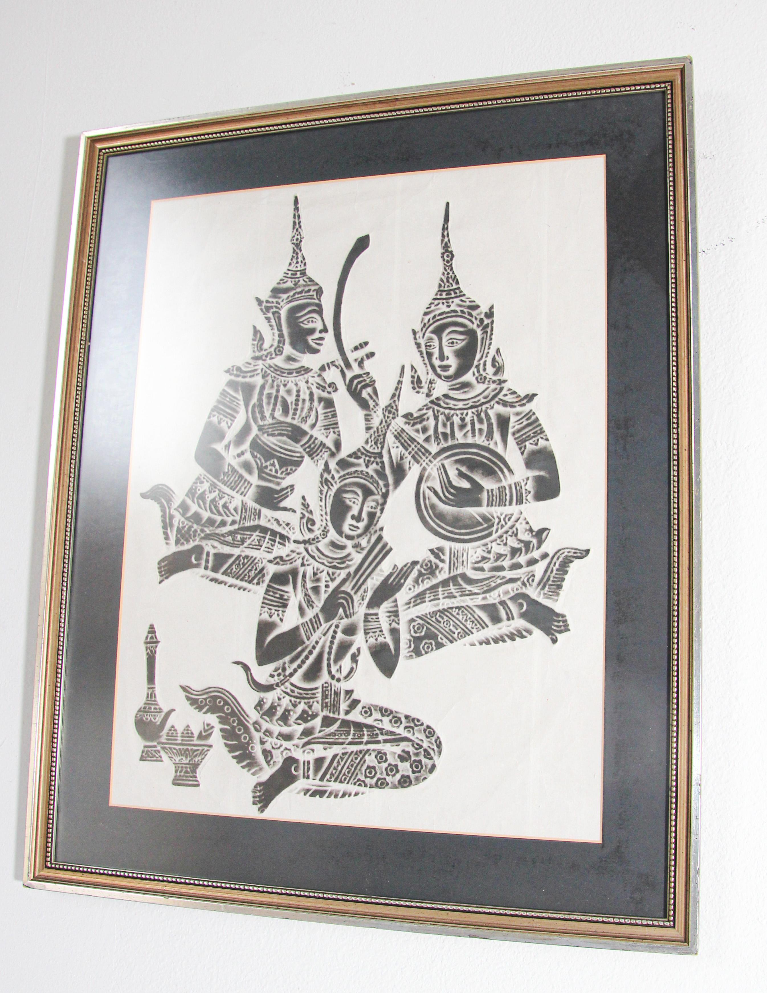 Paper Vintage Charcoal Rubbing of Thai Musicians For Sale