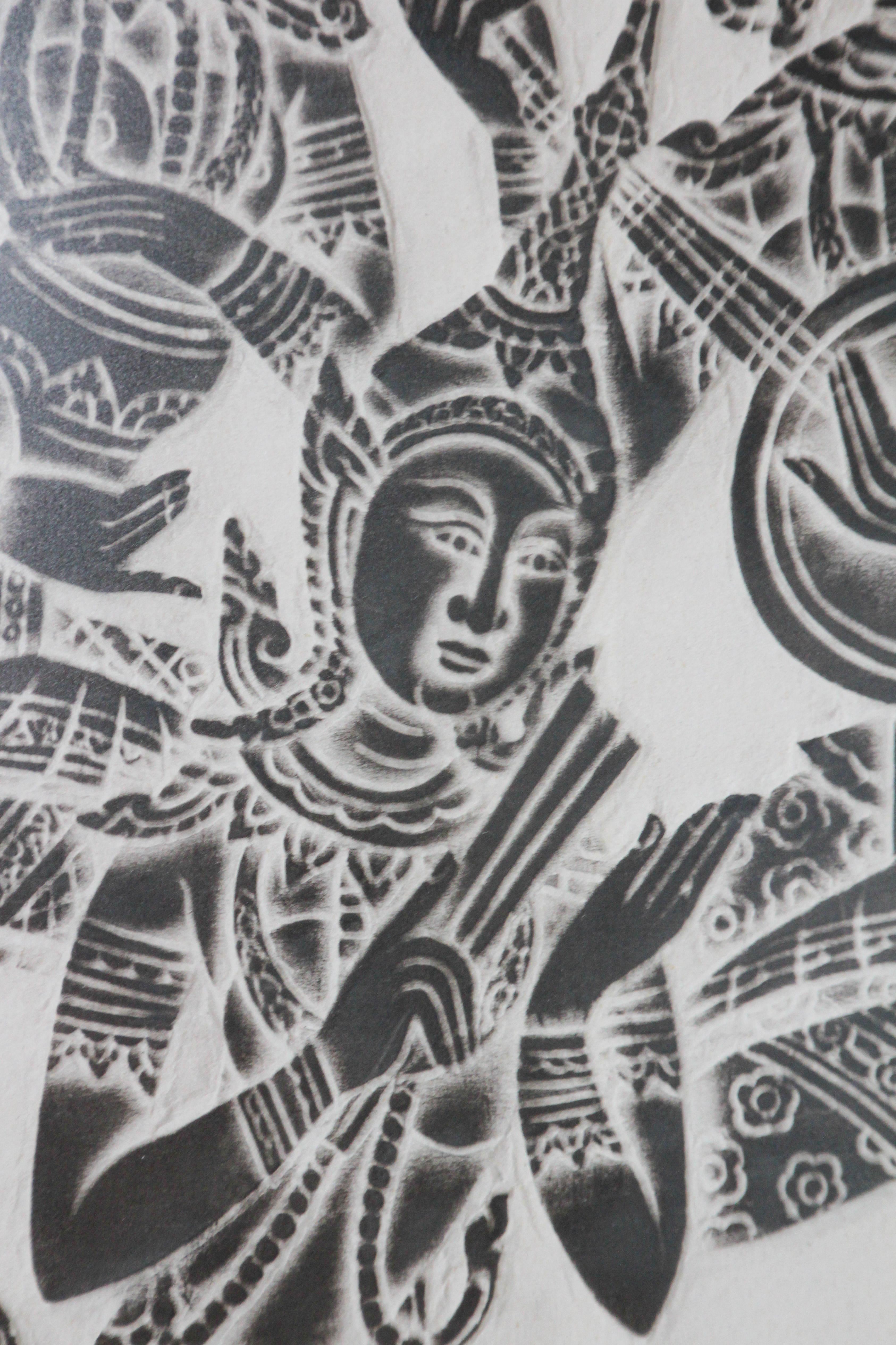 Vintage Charcoal Rubbing of Thai Musicians For Sale 4