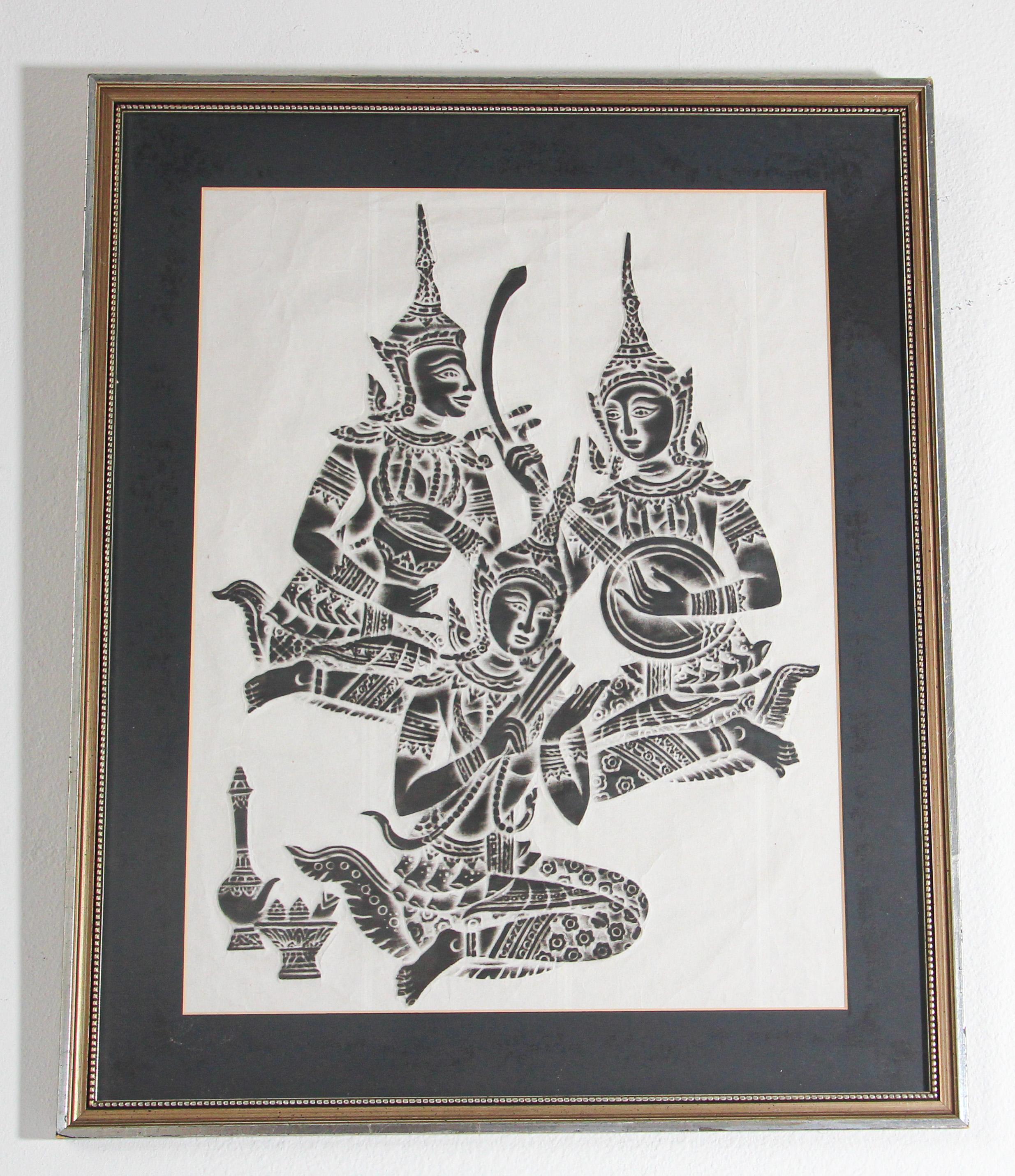 Vintage Charcoal Rubbing of Thai Musicians For Sale 8