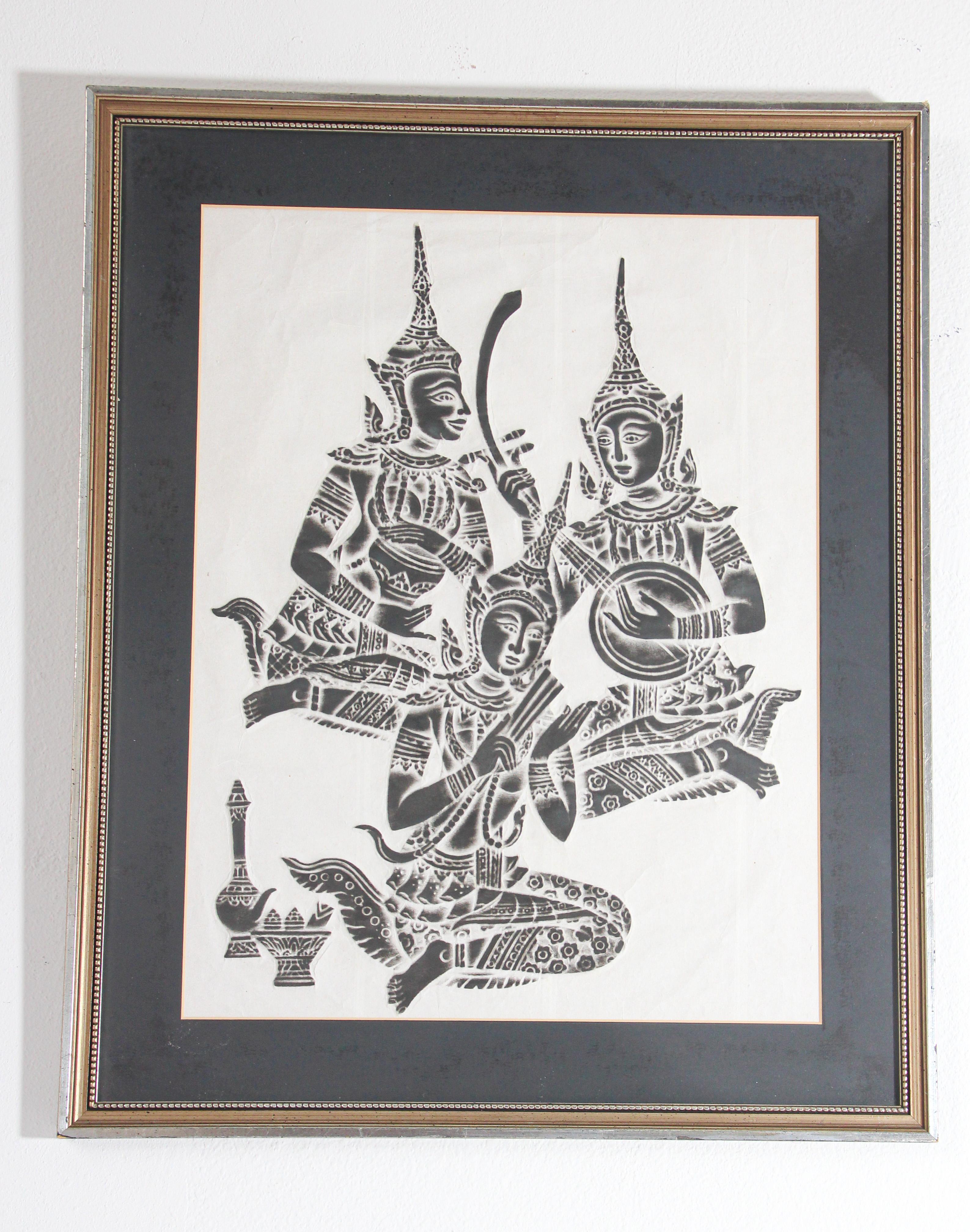 Vintage Thai Temple charcoal rubbing. Hand crafted temple scenes at the Wat Pho temple located in Phra Nakhon district in Bangkok Thailand depicting the Thai literary story of Ramakien (Ramakean), the Thai adaptation of Ramayana. 
Rare Thai Temple