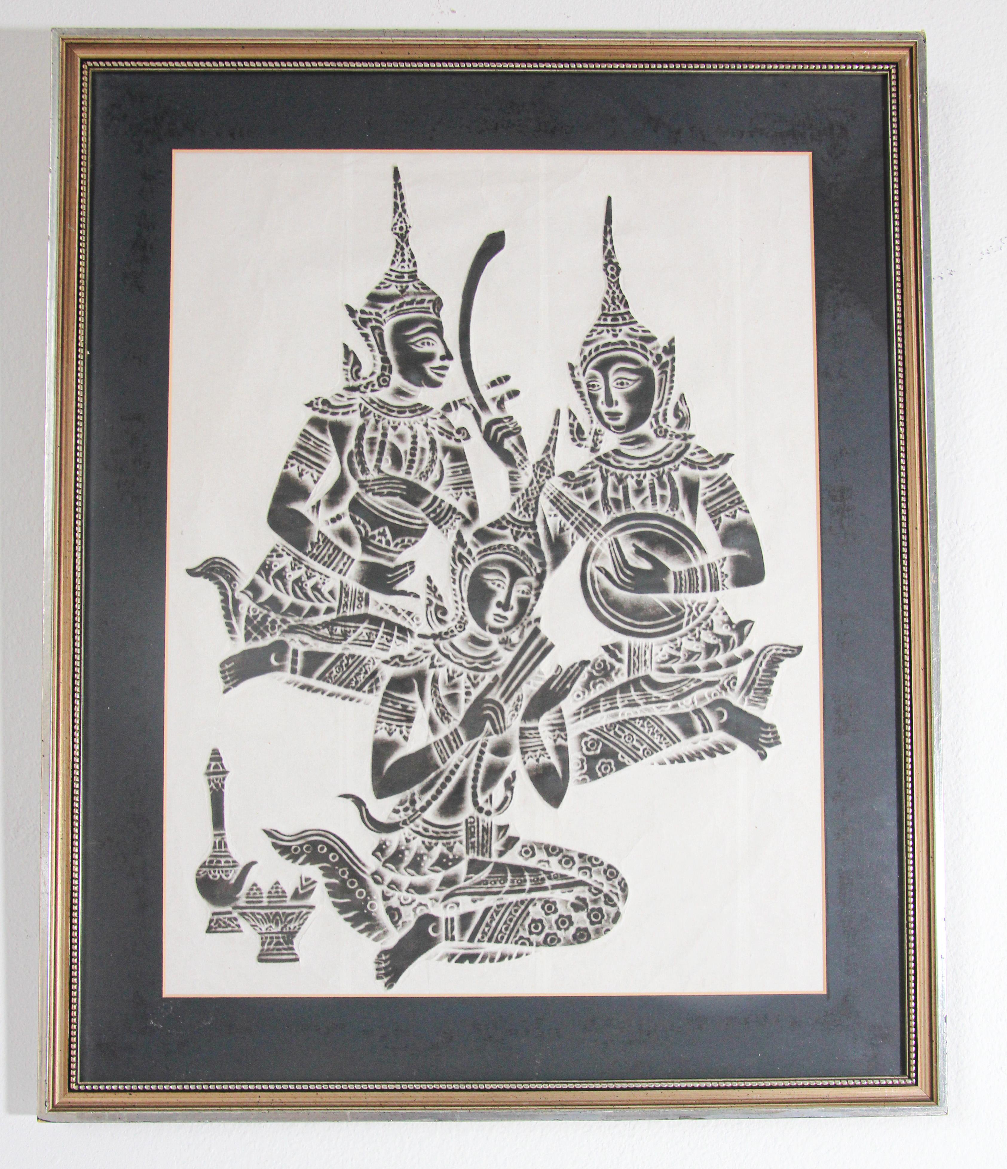 Hand-Crafted Vintage Charcoal Rubbing of Thai Musicians For Sale