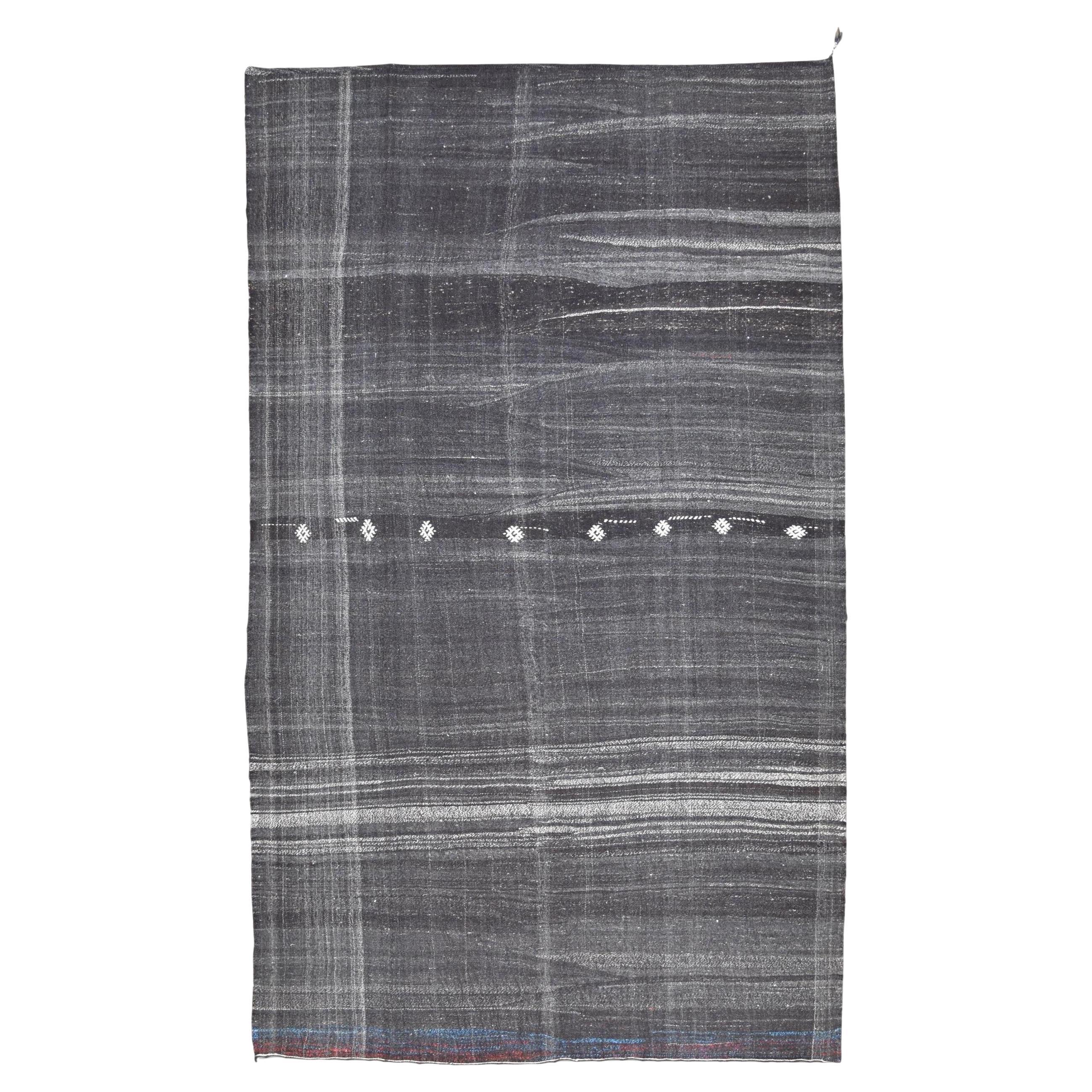 Vintage Charcoal Striped Wool Kilim 7'0''x11'9'' Circa 1960