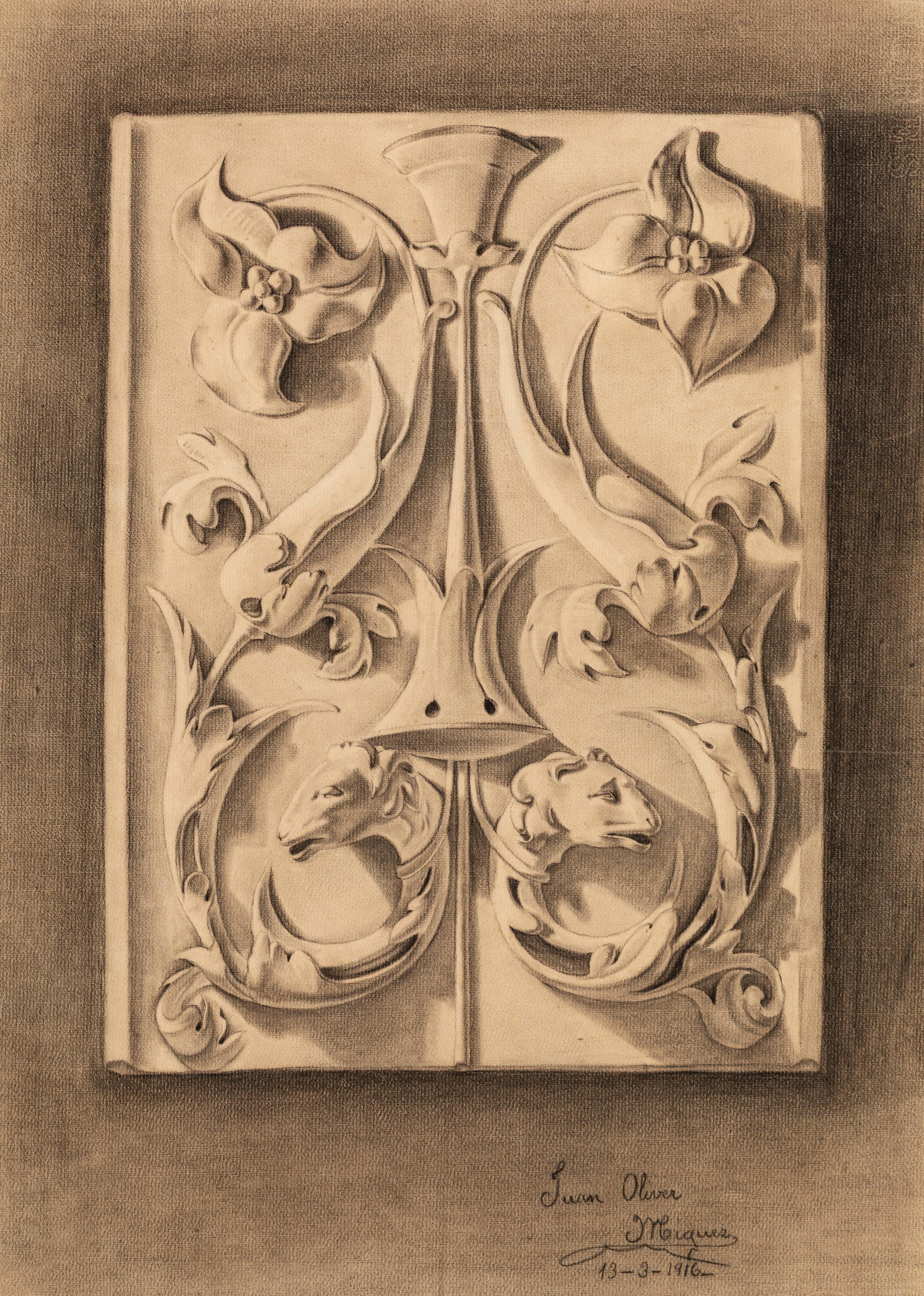 Diese charmante Zeichnung mit Kohle auf Papier entstand sehr früh in der Karriere des spanischen Künstlers Juan Oliver Míguez (1899-1963). Er wurde 1899 in Castilleja de la Cuesta (Sevilla) in Spanien geboren und verbrachte die nächsten 60 Jahre