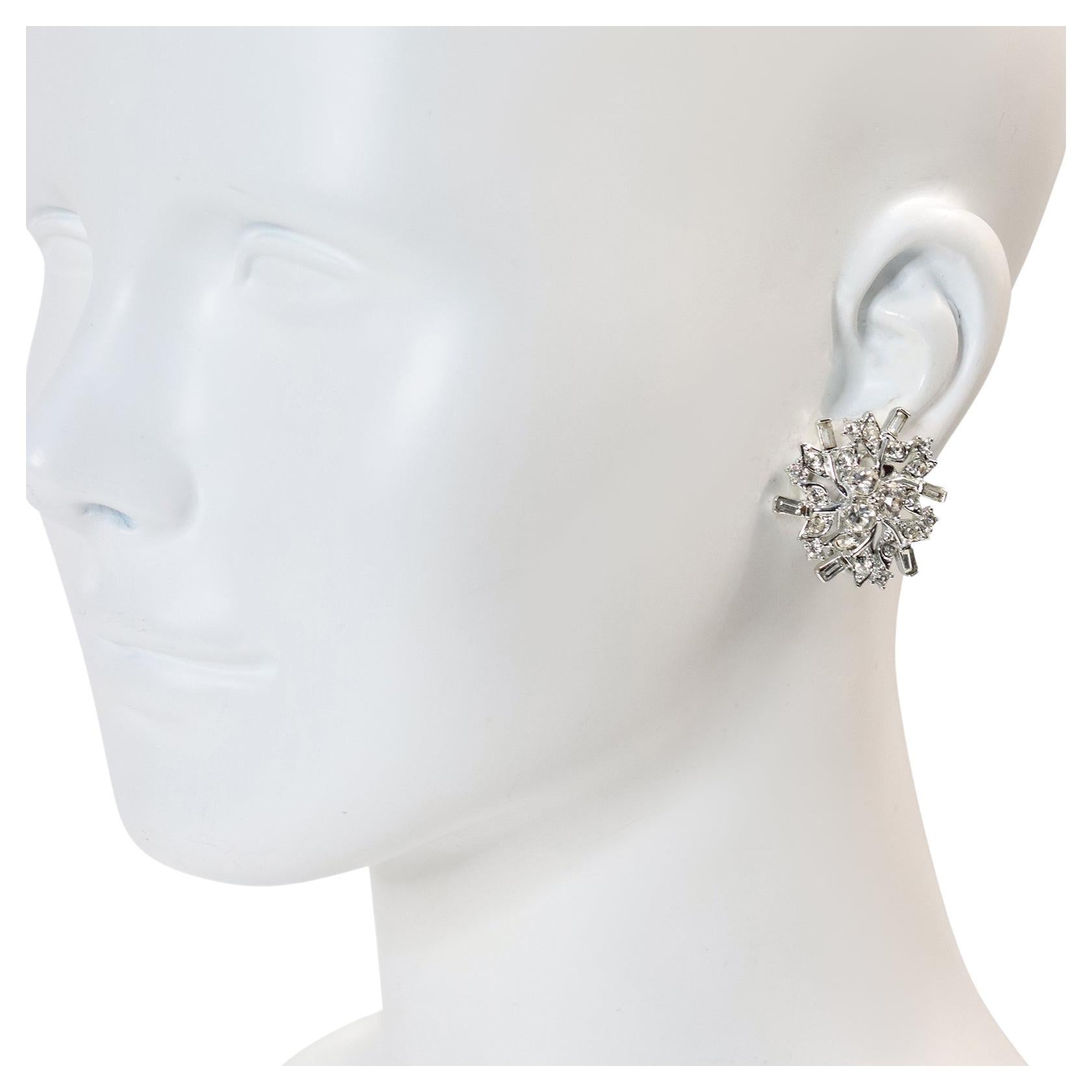 Vintage Charel Silver Tone Diamante Earrings Circa 1970's For Sale