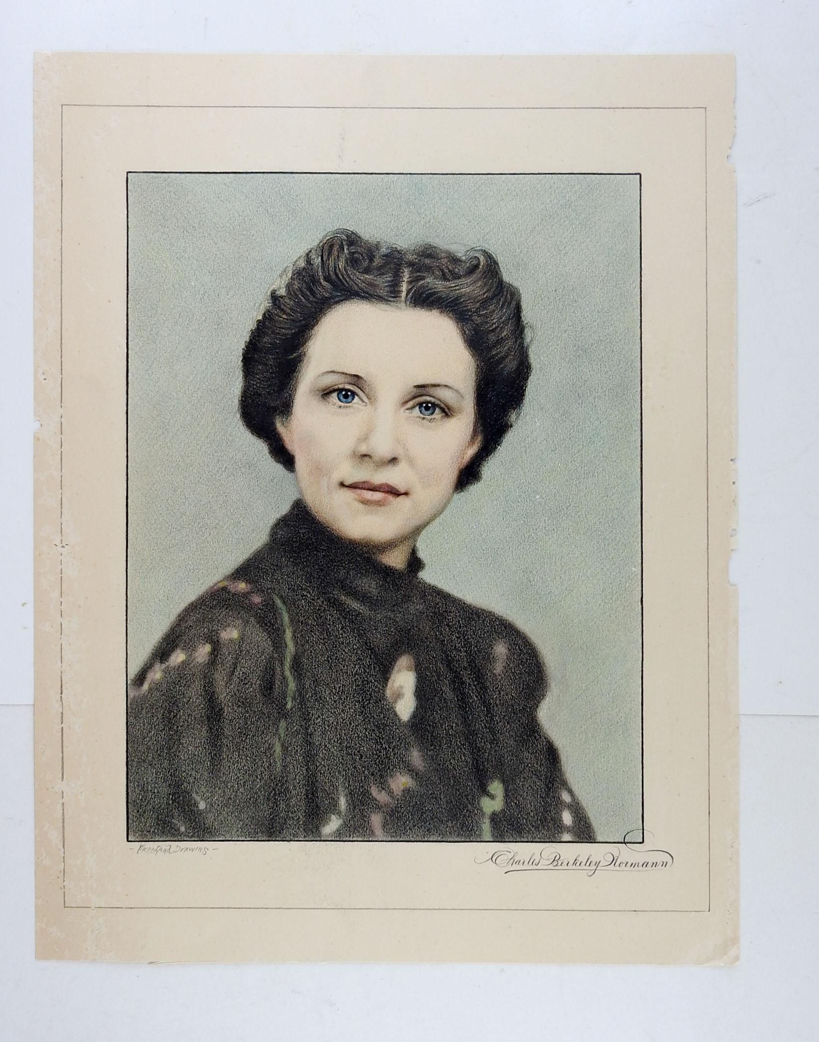 Vintage midcentury colored pencil portrait on paper of Texas artist Geneva Flores Hart Fell by Charles Berkeley Normann (1903-1985) Texas. Signed lower right corner, notation lower left, free hand drawing. Unframed, age toning edge losses.