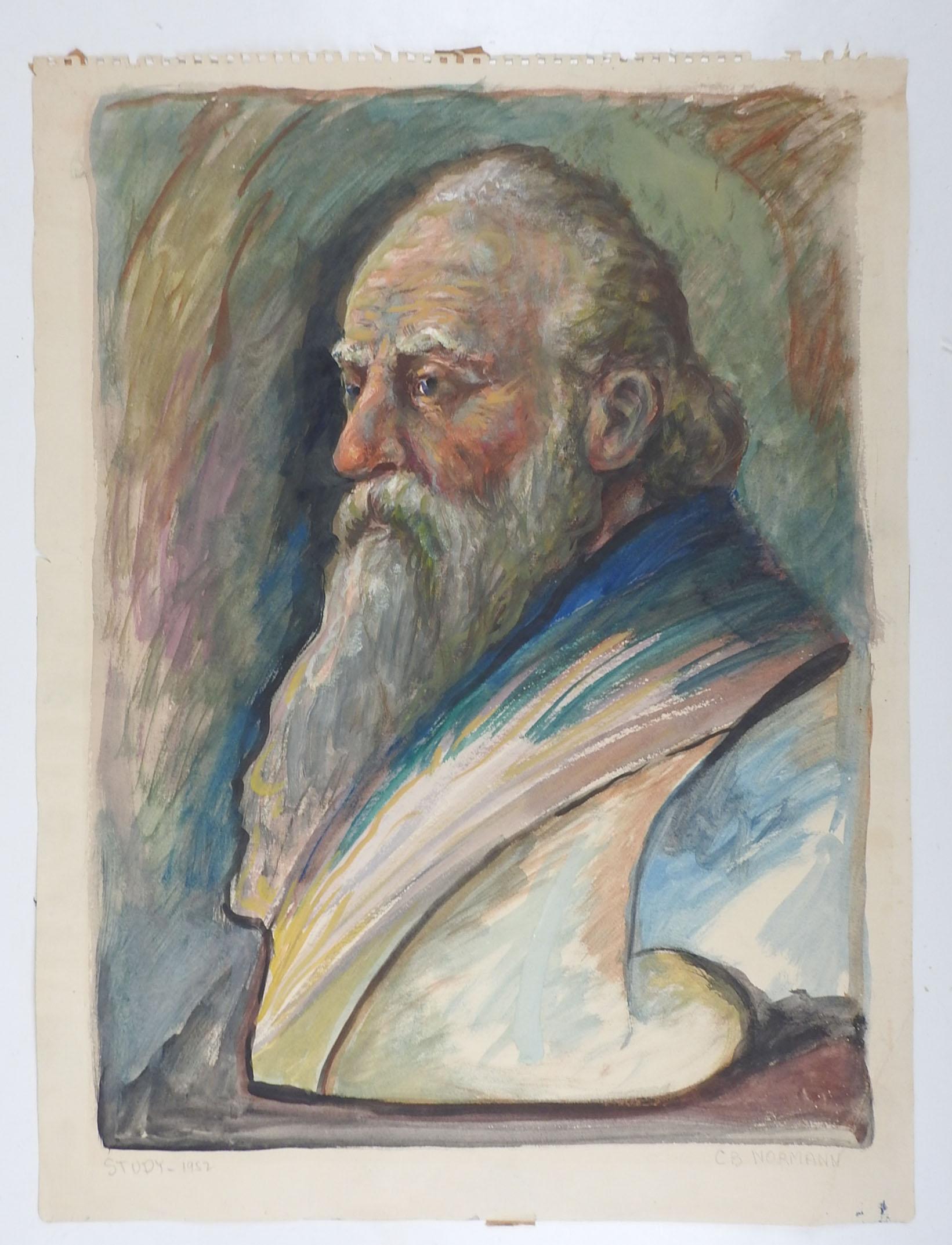 Vintage circa 1950s gouache on paper portrait painting by Charles Berkeley Normann (1903-1985) Norway/Texas. Likely a study of a bust sculpture. Signed in pencil lower right corner. Unframed, age toning, edge wear.