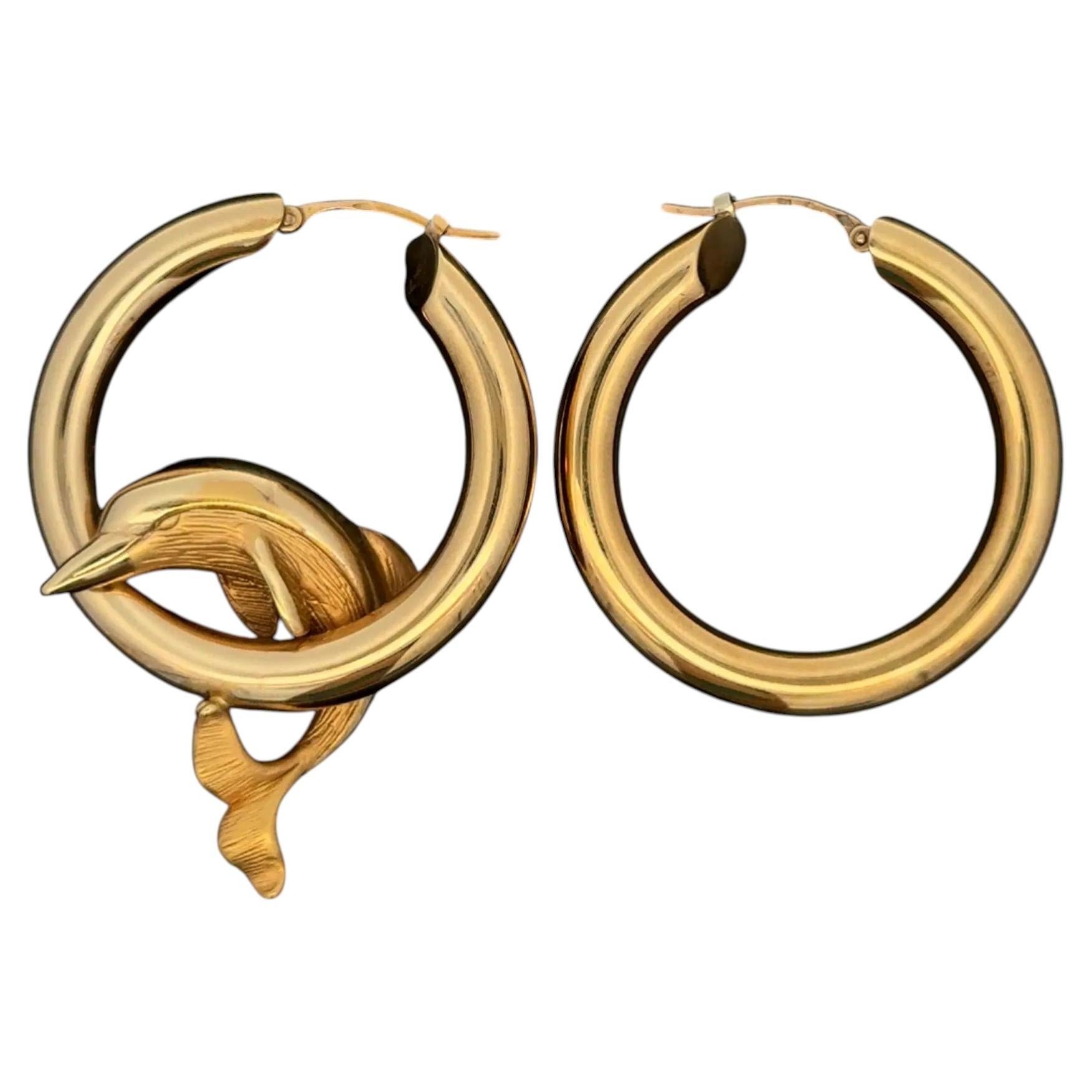 Vintage CHARLES GARNIER Designer Large Dolphin Gold Round Hoop Earrings For Sale