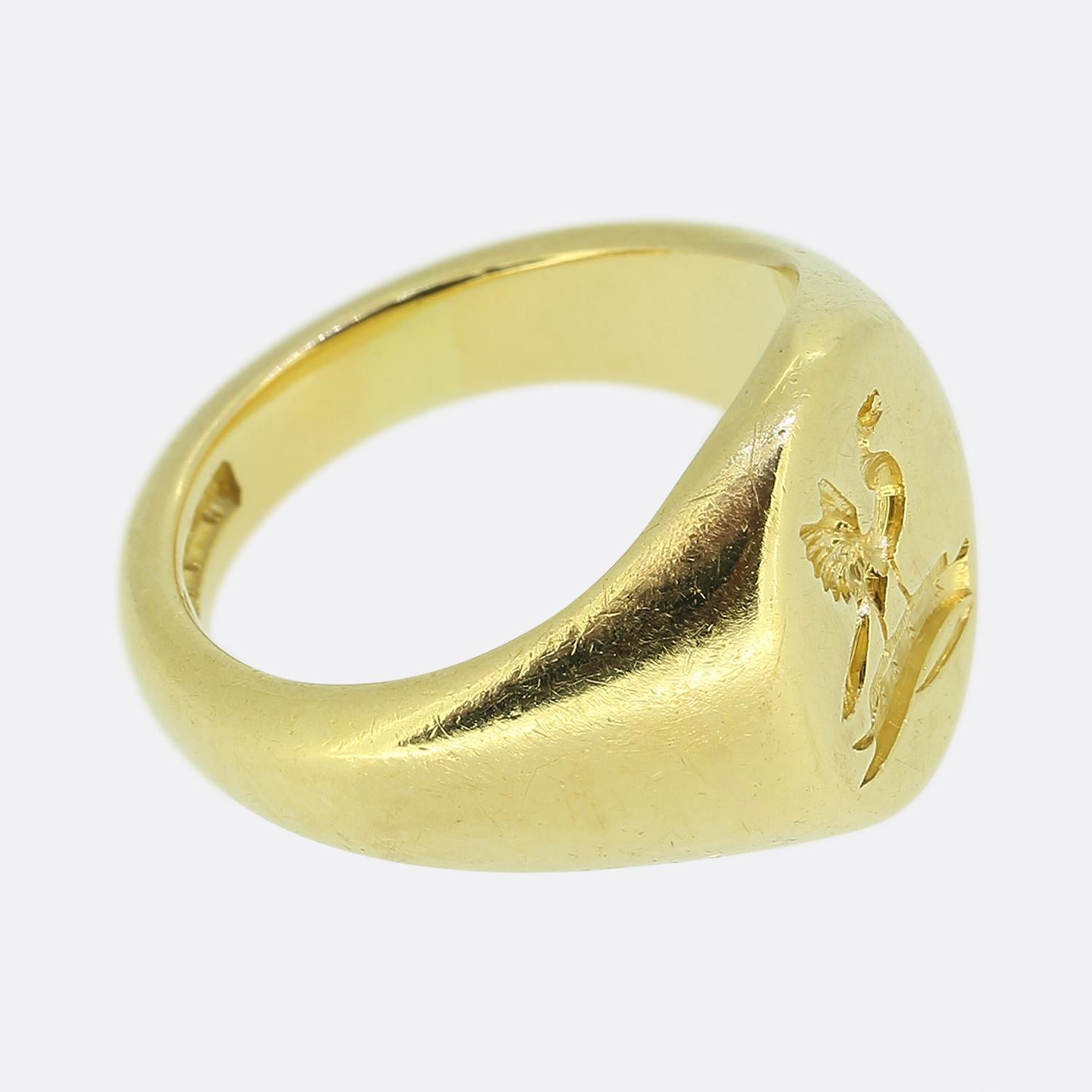 Here we have a wonderful vintage signet ring crafted in solid 18ct yellow gold. The ring is fully hallmarked to the year 1975 and made by the famous jewellery manufactures Charles Green and Sons. The face of the ring is oval shaped and features an