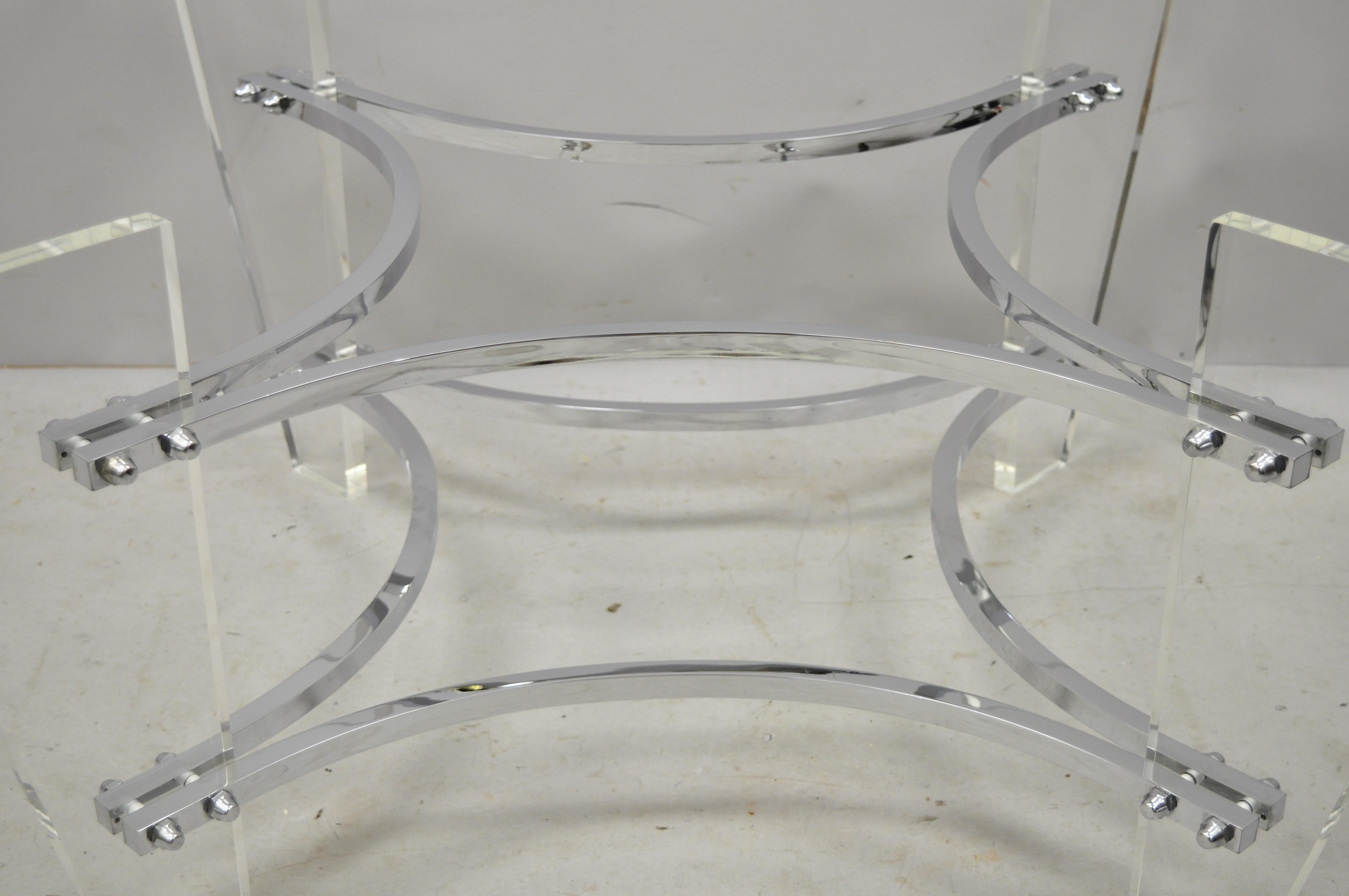 Vintage Charles Hollis Jones Lucite chrome Mid-Century Modern coffee table base. Item features 4 Lucite legs, chrome frame, clean modernist lines, sleek sculptural form. Base only. Does not include glass top, circa mid-late 20th century.