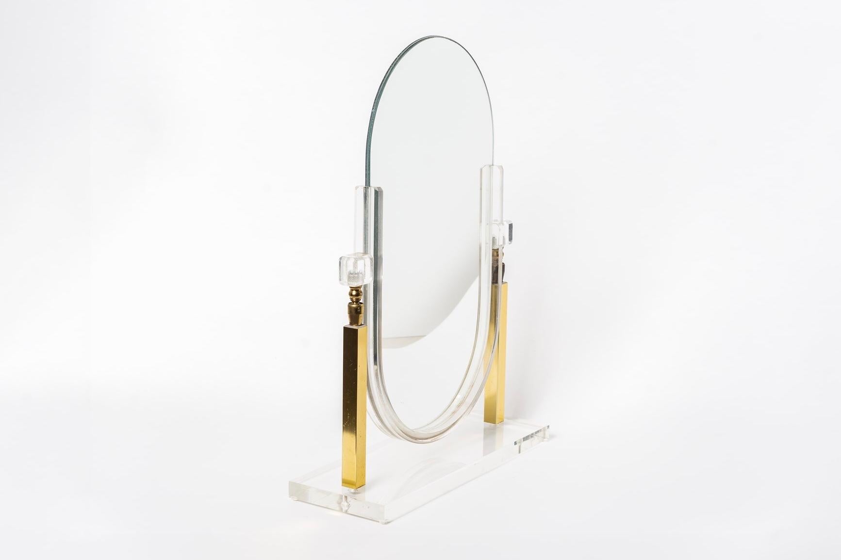 Mid-Century Modern Vintage Charles Hollis Jones Style Brass and Lucite Tabletop Mirror For Sale