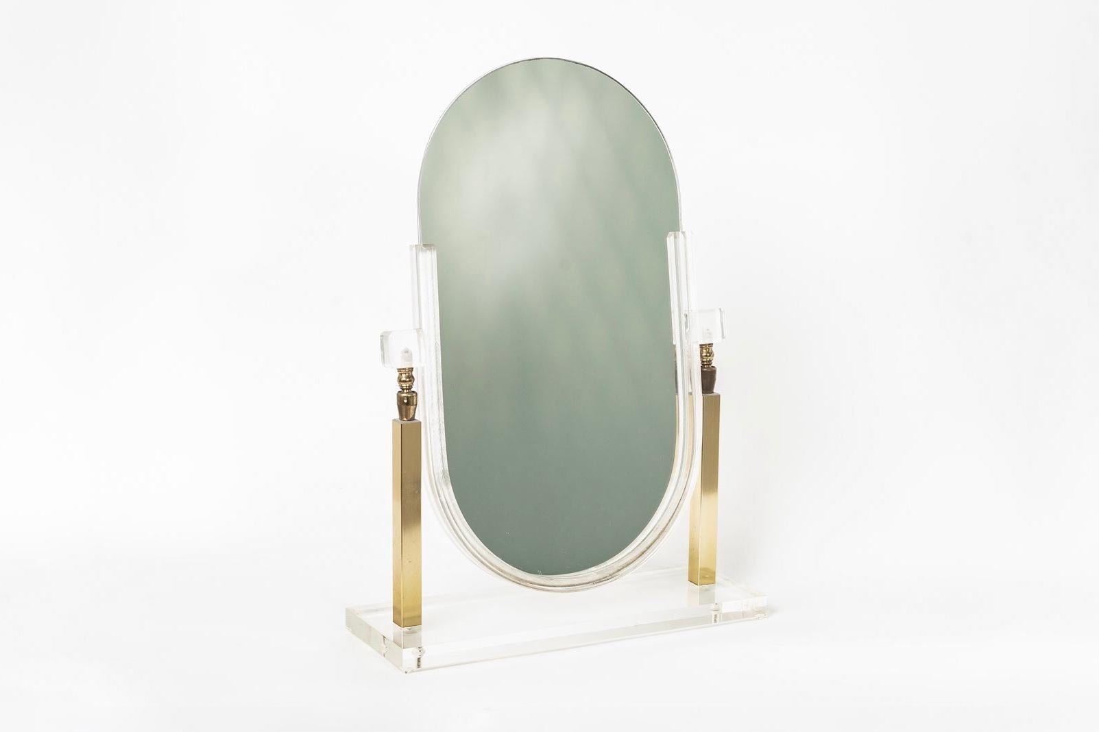 Late 20th Century Vintage Charles Hollis Jones Style Brass and Lucite Tabletop Mirror For Sale