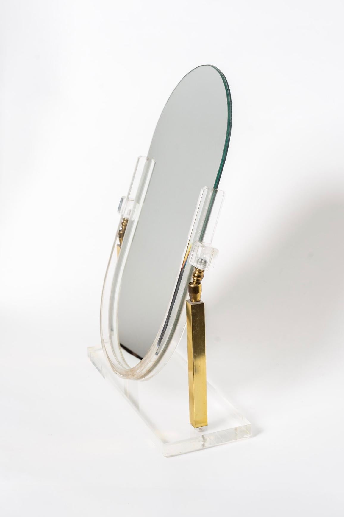 Vintage Charles Hollis Jones Style Brass and Lucite Tabletop Mirror For Sale 2