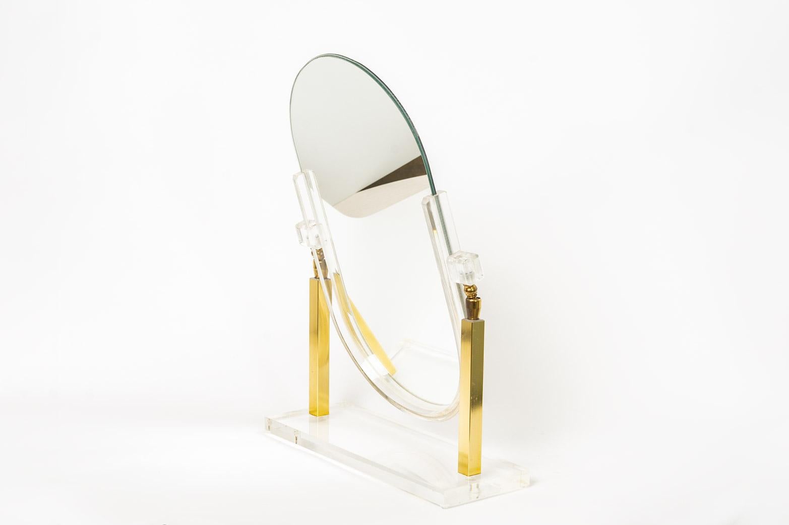 Vintage Charles Hollis Jones Style Brass and Lucite Tabletop Mirror For Sale 3