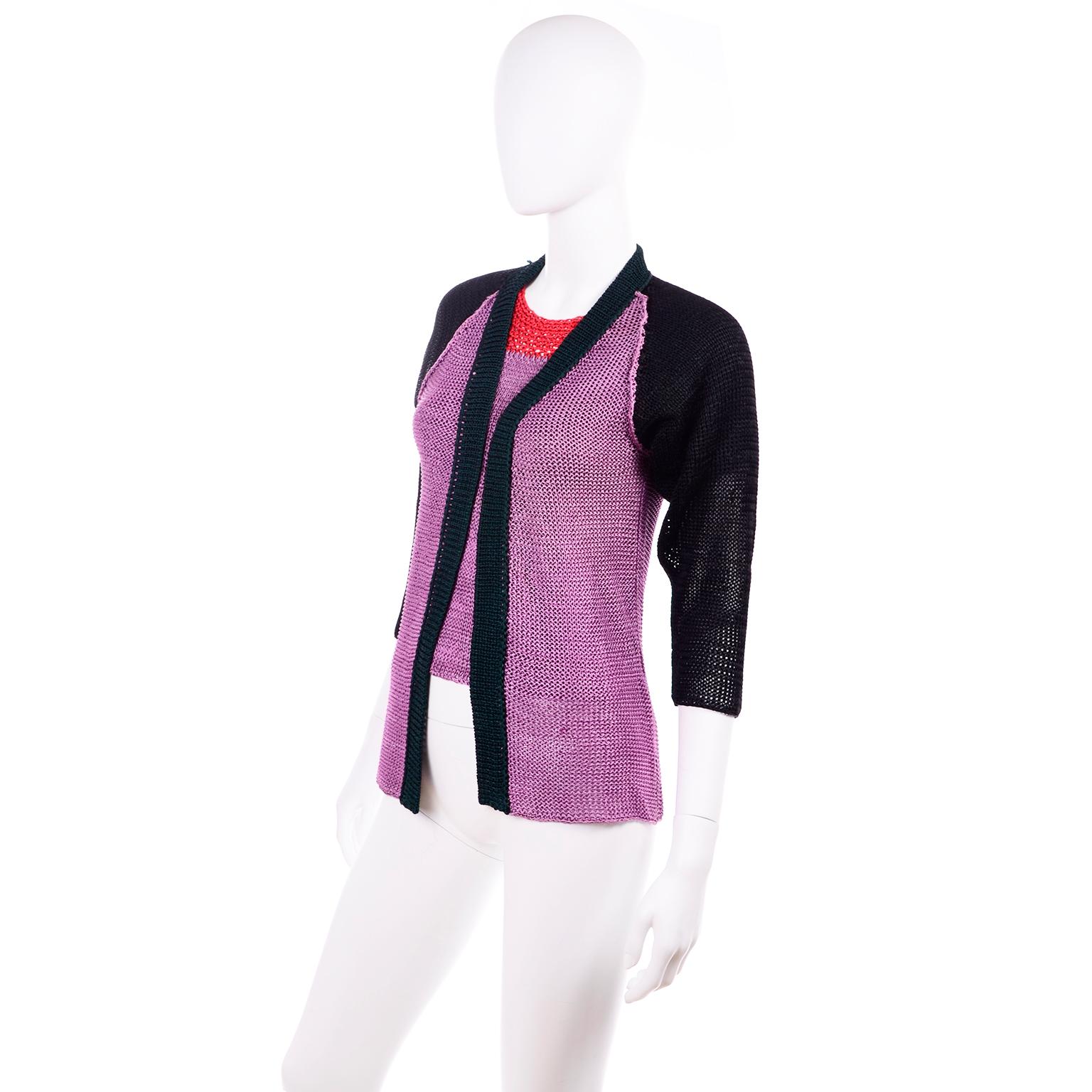 Vintage Charles Jourdan Parallele Color Block Purple 2 pc Top & Cardigan Sweater In Excellent Condition For Sale In Portland, OR