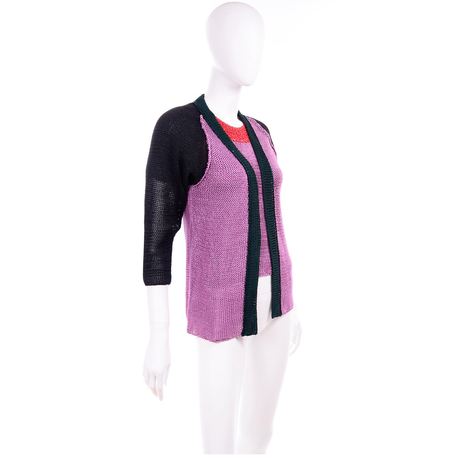 Vintage Charles Jourdan Parallele Color Block Purple 2 pc Top & Cardigan Sweater For Sale 1