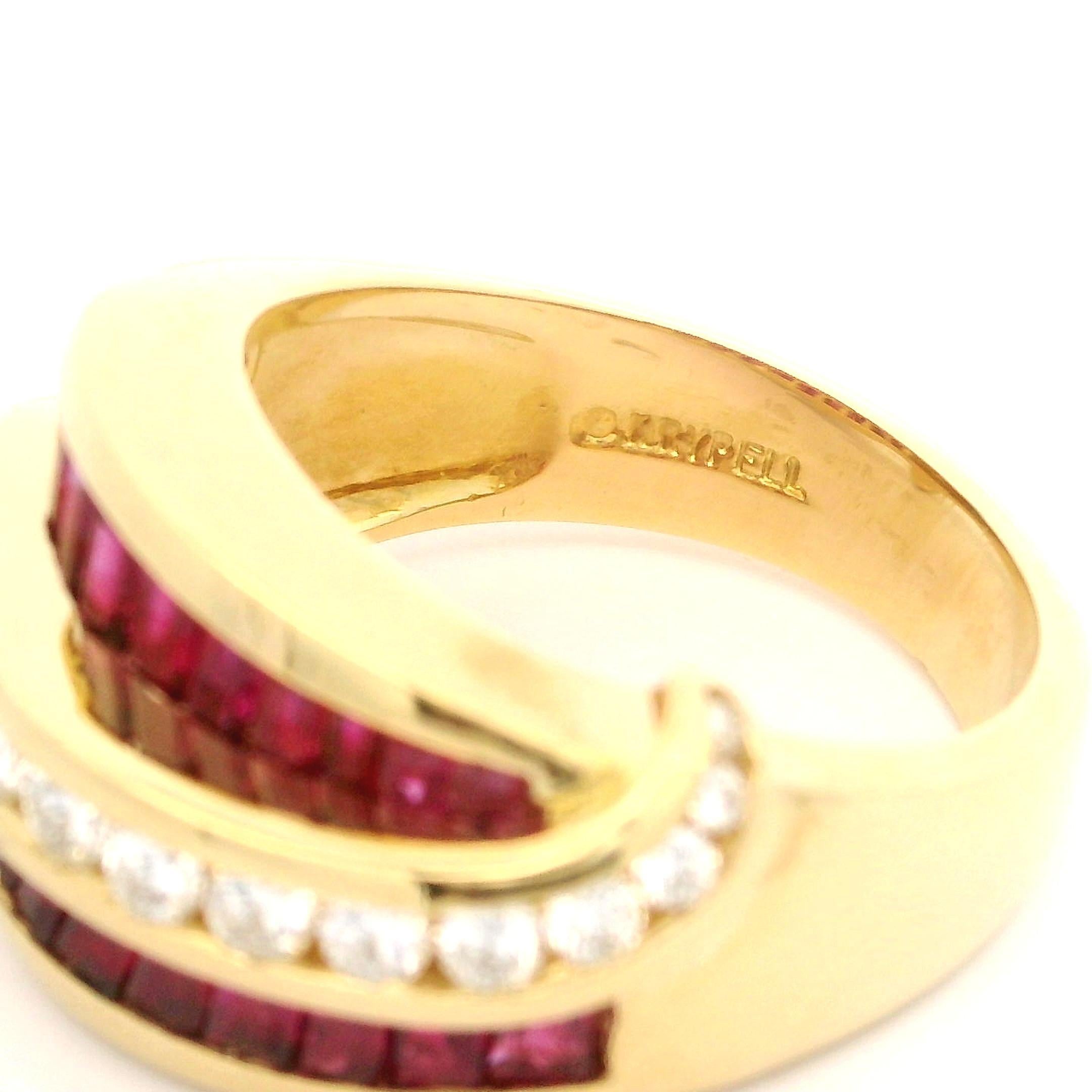 Vintage Charles Krypell 18k Yellow Gold Ruby & Diamond 12.7mm Wide Band Ring For Sale 6