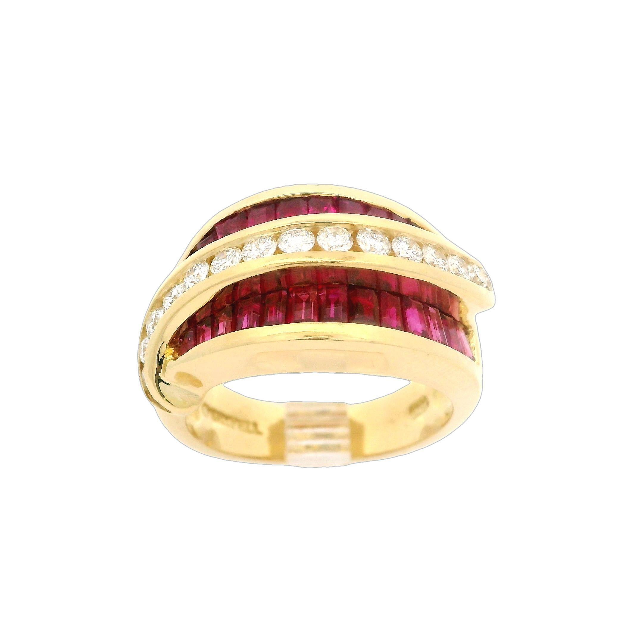 --Stone(s):--
(26) Natural Genuine Rubies - Calibre Cut - Channel Set - Clean Vivid Red Color
(19) Natural Genuine Diamonds - Round Brilliant Cut - Channel Set - VS1/VS2 Clarity - F/G Color - 0.57ctw (approx.)

Material: Solid 18k Yellow Gold