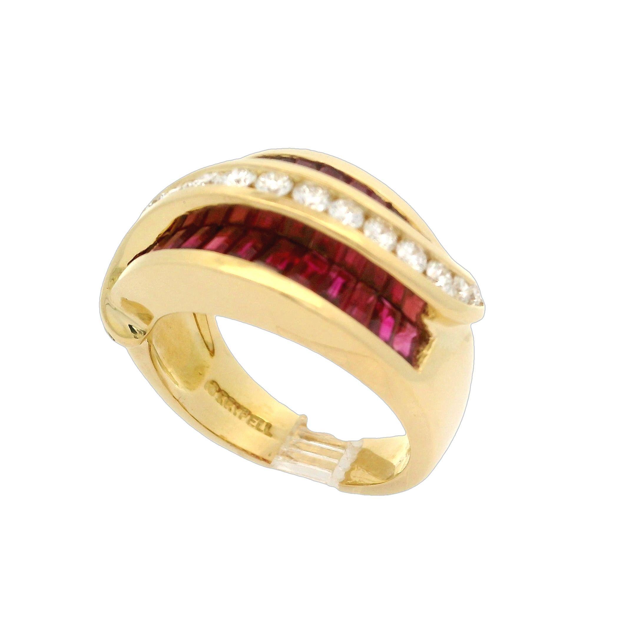 Brilliant Cut Vintage Charles Krypell 18k Yellow Gold Ruby & Diamond 12.7mm Wide Band Ring For Sale