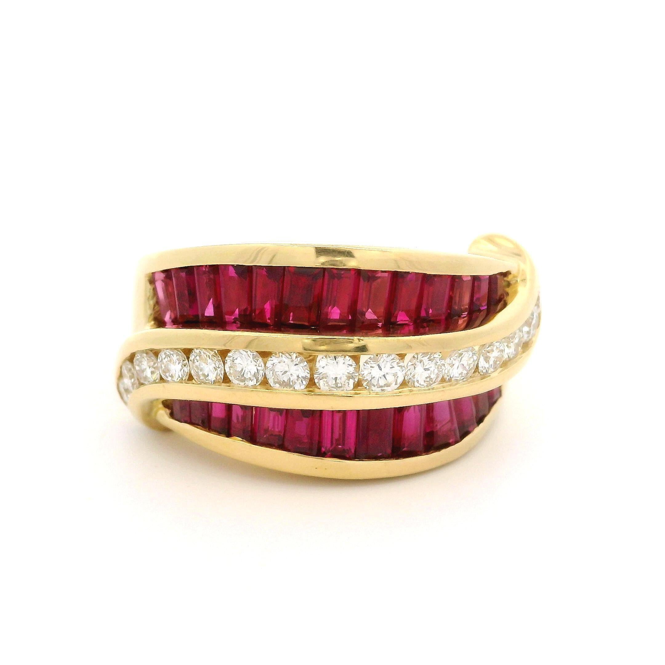 Vintage Charles Krypell 18k Yellow Gold Ruby & Diamond 12.7mm Wide Band Ring For Sale 2