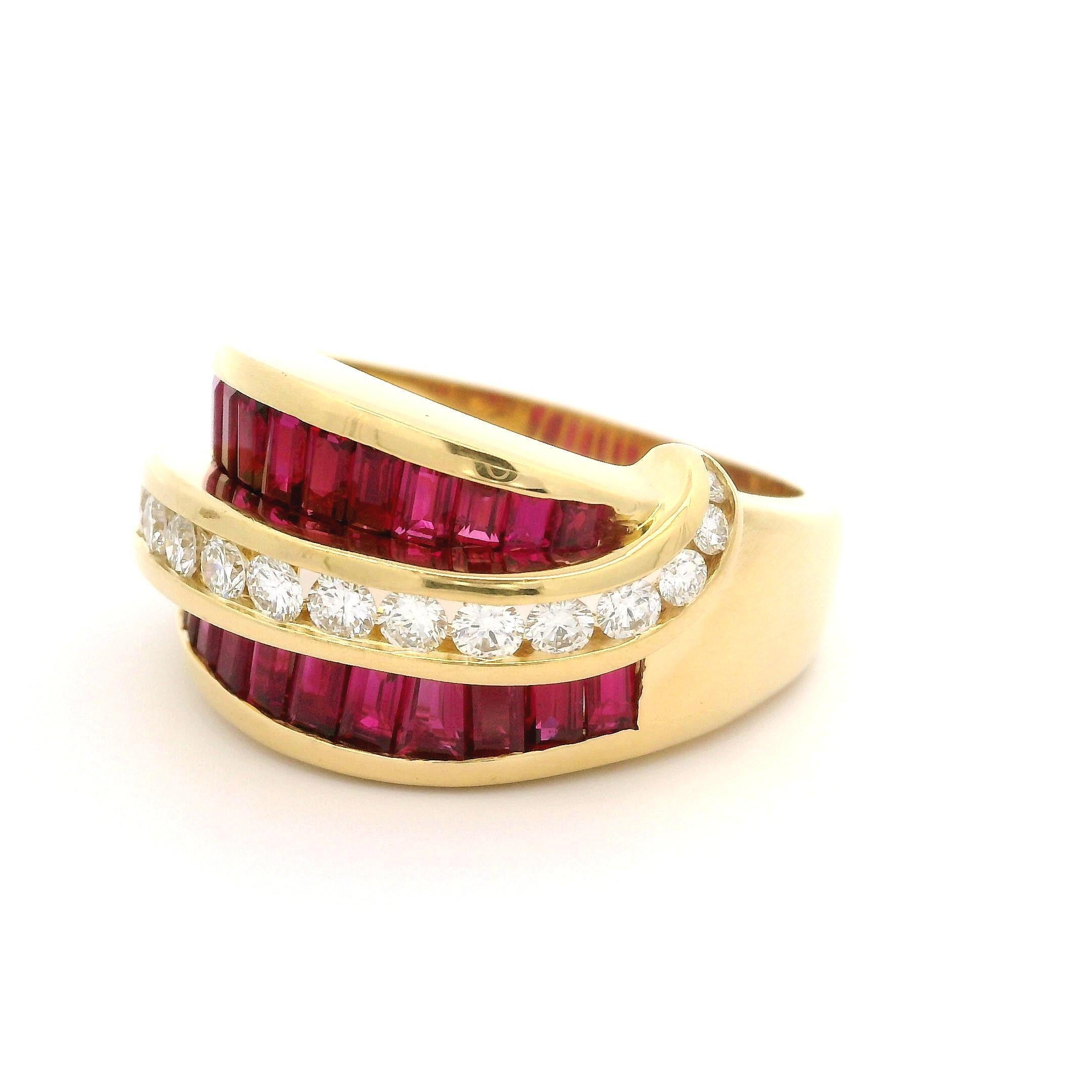 Vintage Charles Krypell 18k Yellow Gold Ruby & Diamond 12.7mm Wide Band Ring For Sale 4