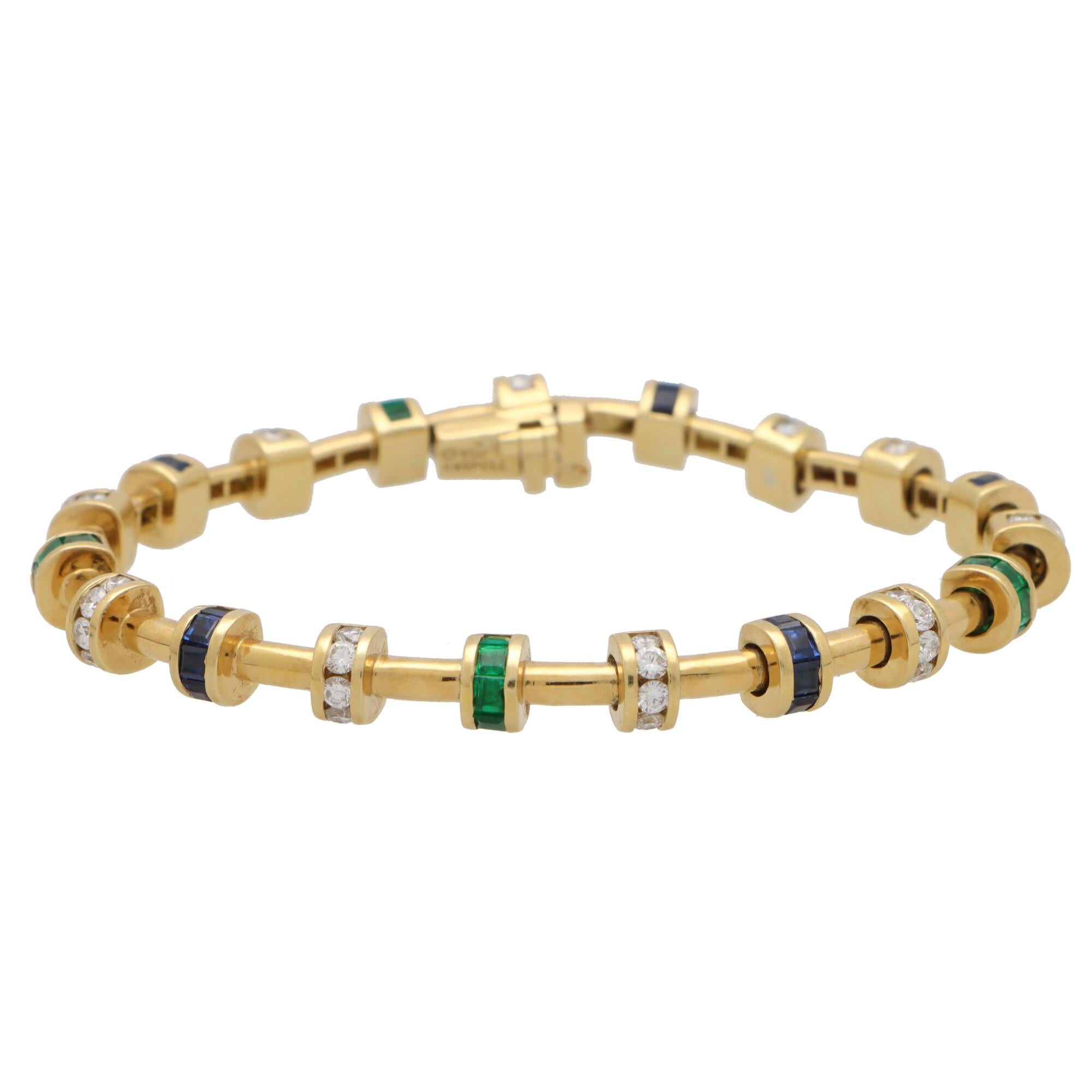 Retro Vintage Charles Krypell Diamond, Sapphire and Emerald Bracelet in Yellow Gold