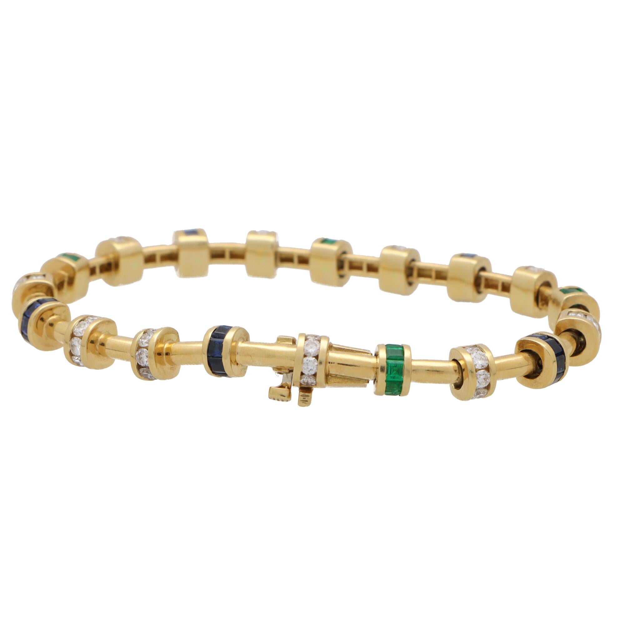 Round Cut Vintage Charles Krypell Diamond, Sapphire and Emerald Bracelet in Yellow Gold