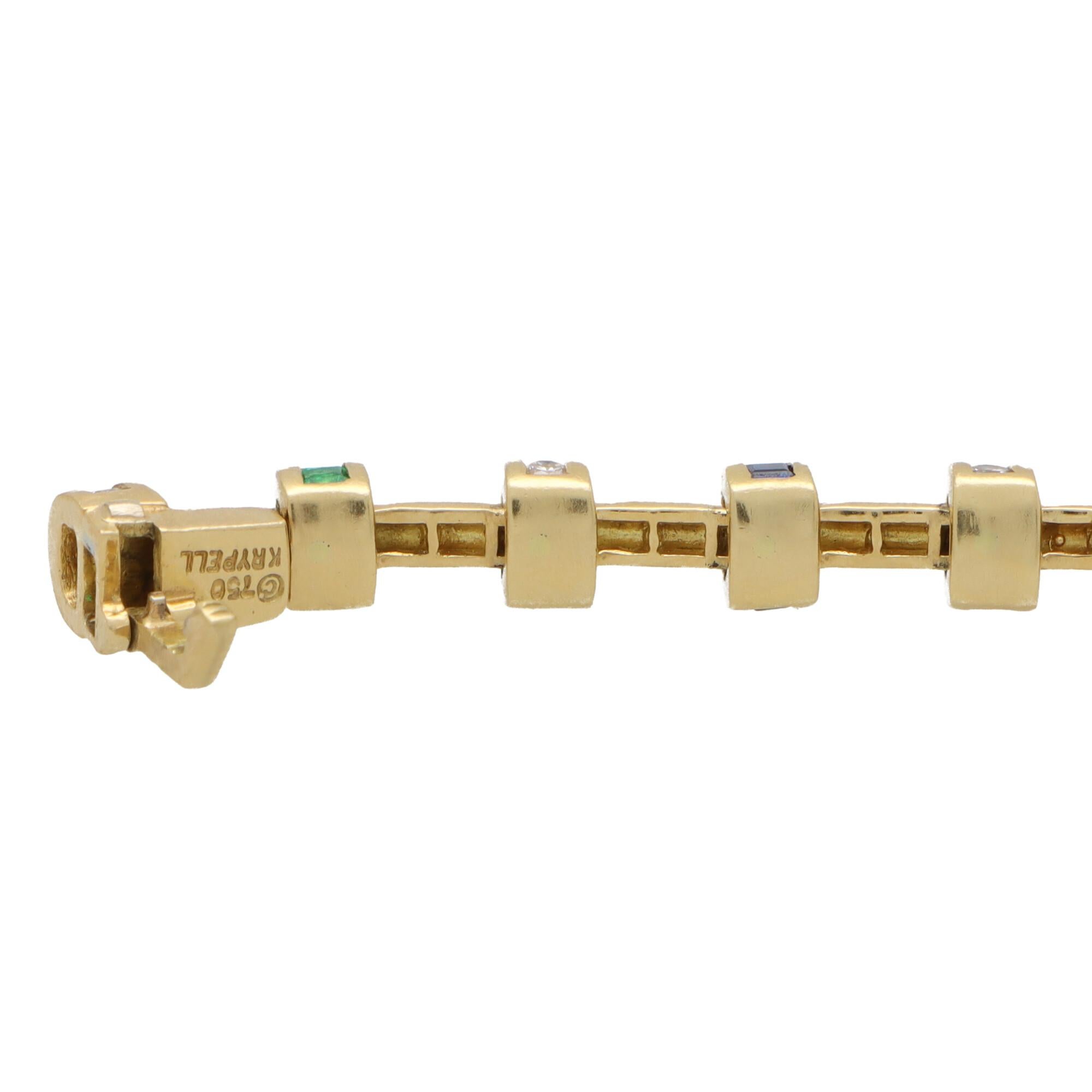Vintage Charles Krypell Diamond, Sapphire and Emerald Bracelet in Yellow Gold In Excellent Condition In London, GB