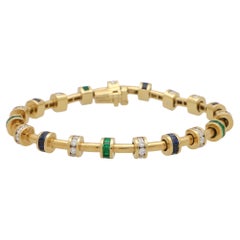 Vintage Charles Krypell Diamond, Sapphire and Emerald Bracelet in Yellow Gold