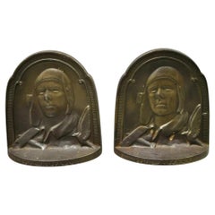 Antique Charles Lindbergh Art Deco The Aviator 1929 Cast Iron Bookends - a Pair