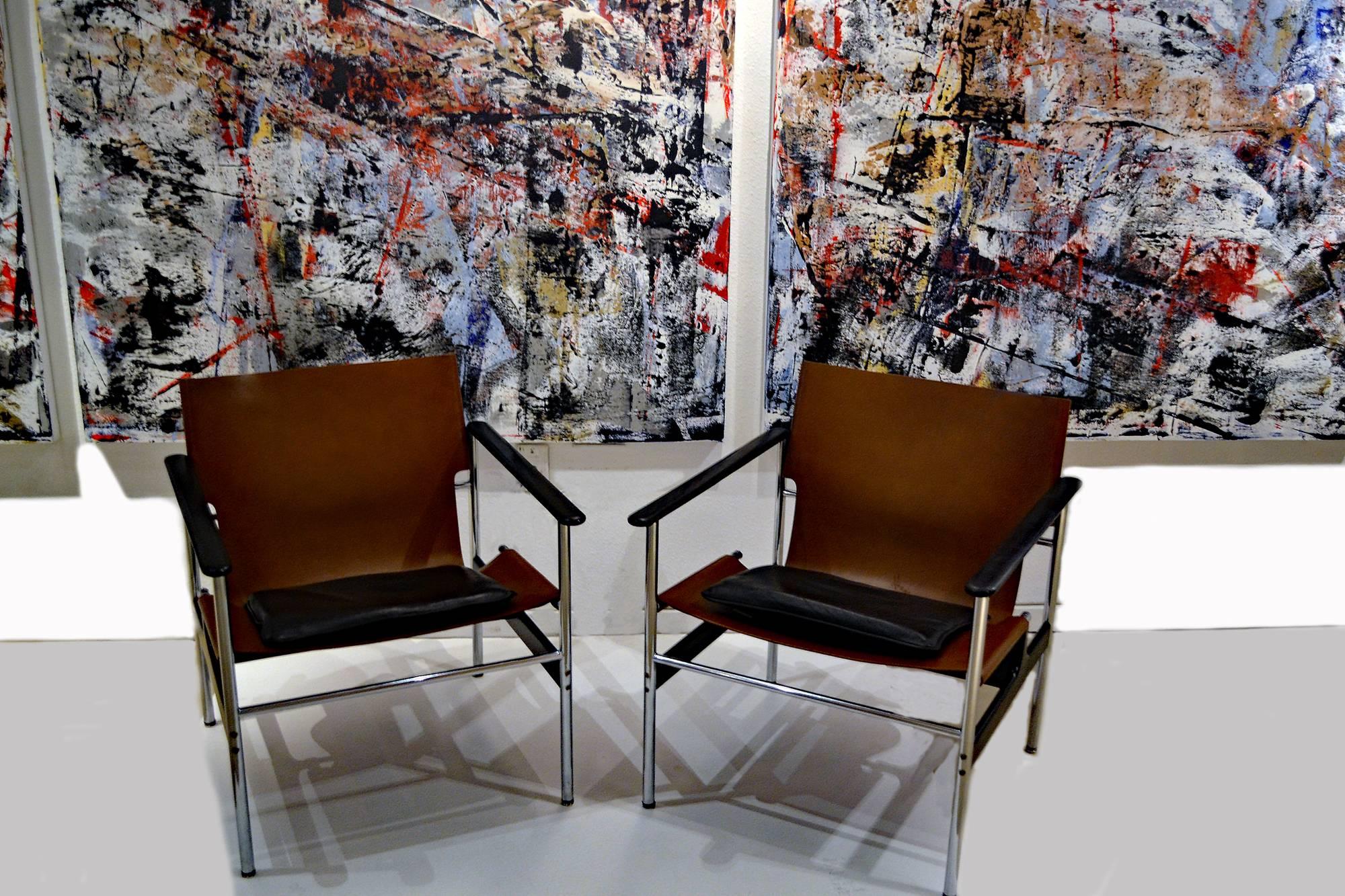 Hand-Carved Vintage Charles Pollock Leather, Steel and Chrome Chairs for Knoll, circa 1960s