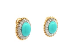 Vintage Charles Turi Gold & Platinum Cabochon Turquoise w/ Diamond Halo Earrings