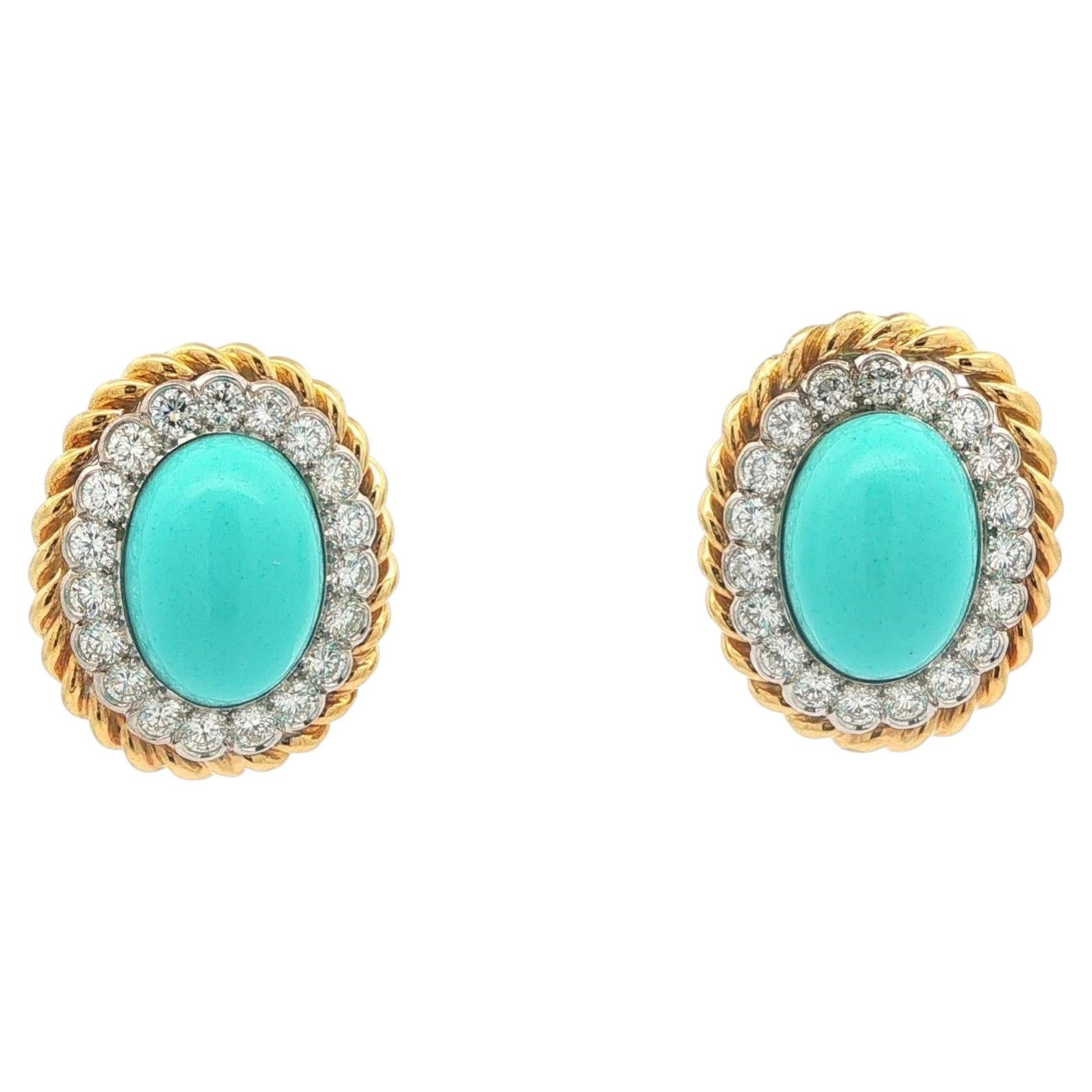 Vintage Charles Turi Gold & Platinum Cabochon Turquoise w/ Diamond Halo Earrings