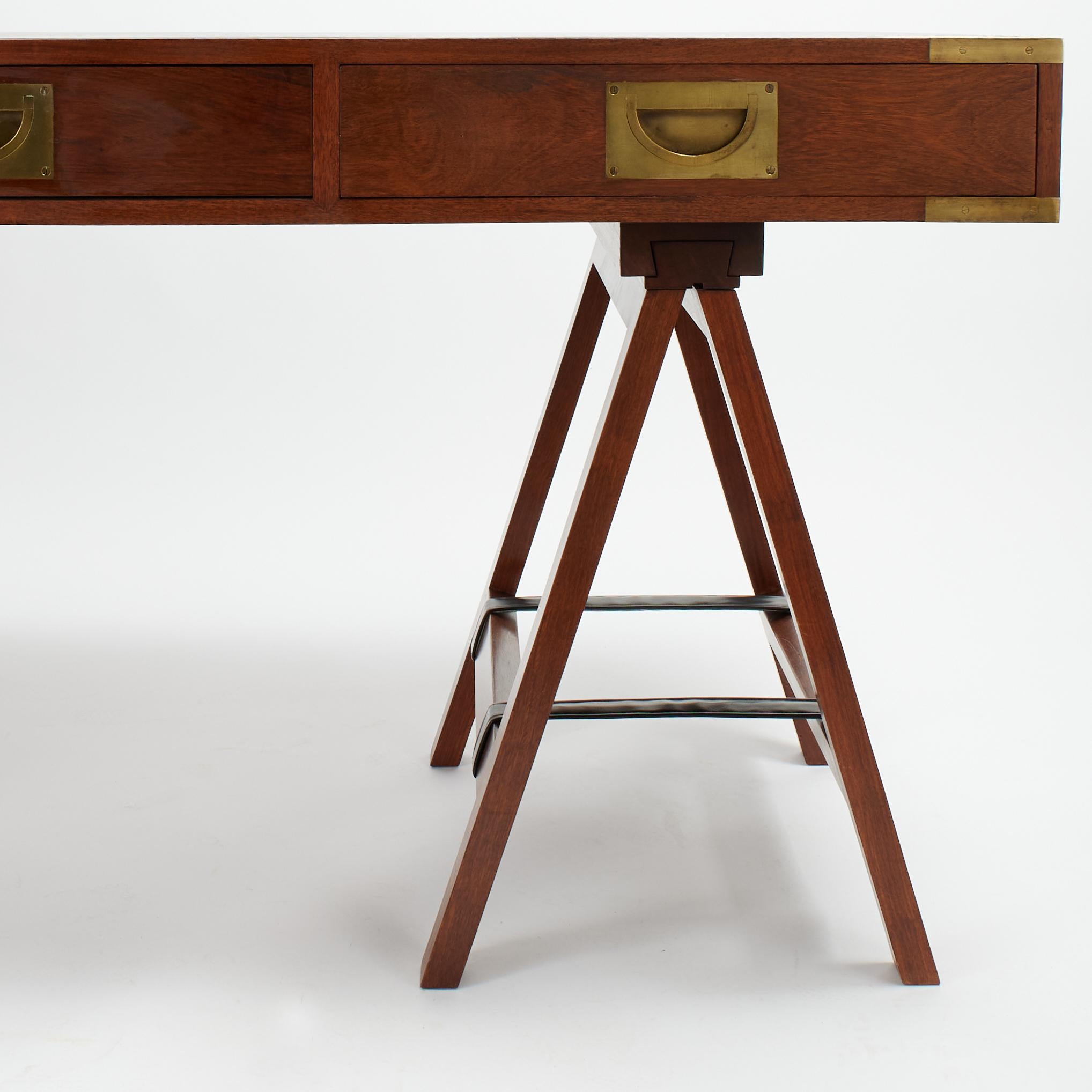 Vintage Charlotte Horstmann Campaign Style Sawhorse Leather Top Desk 3