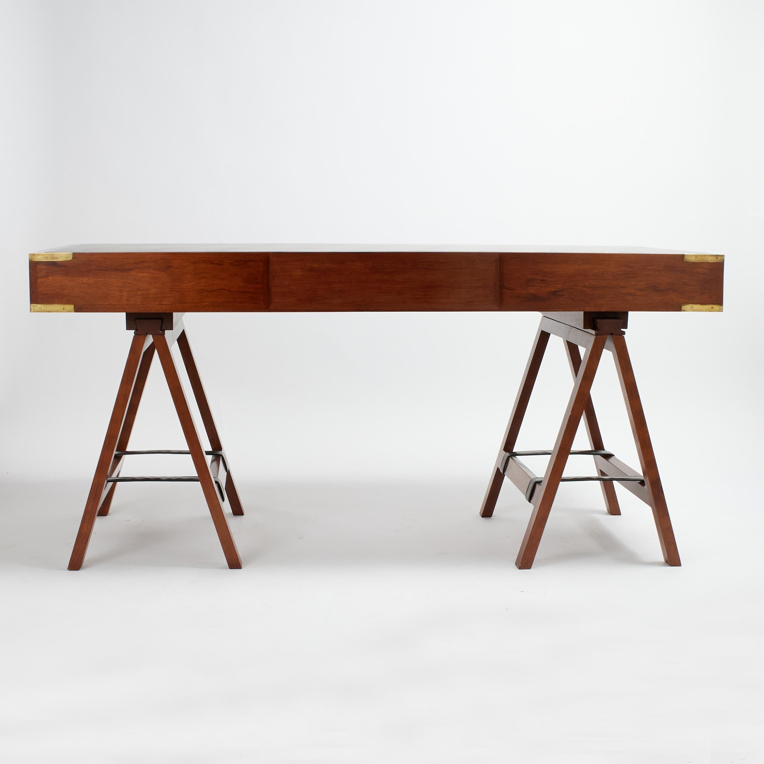 Vintage Charlotte Horstmann Campaign Style Sawhorse Leather Top Desk 4
