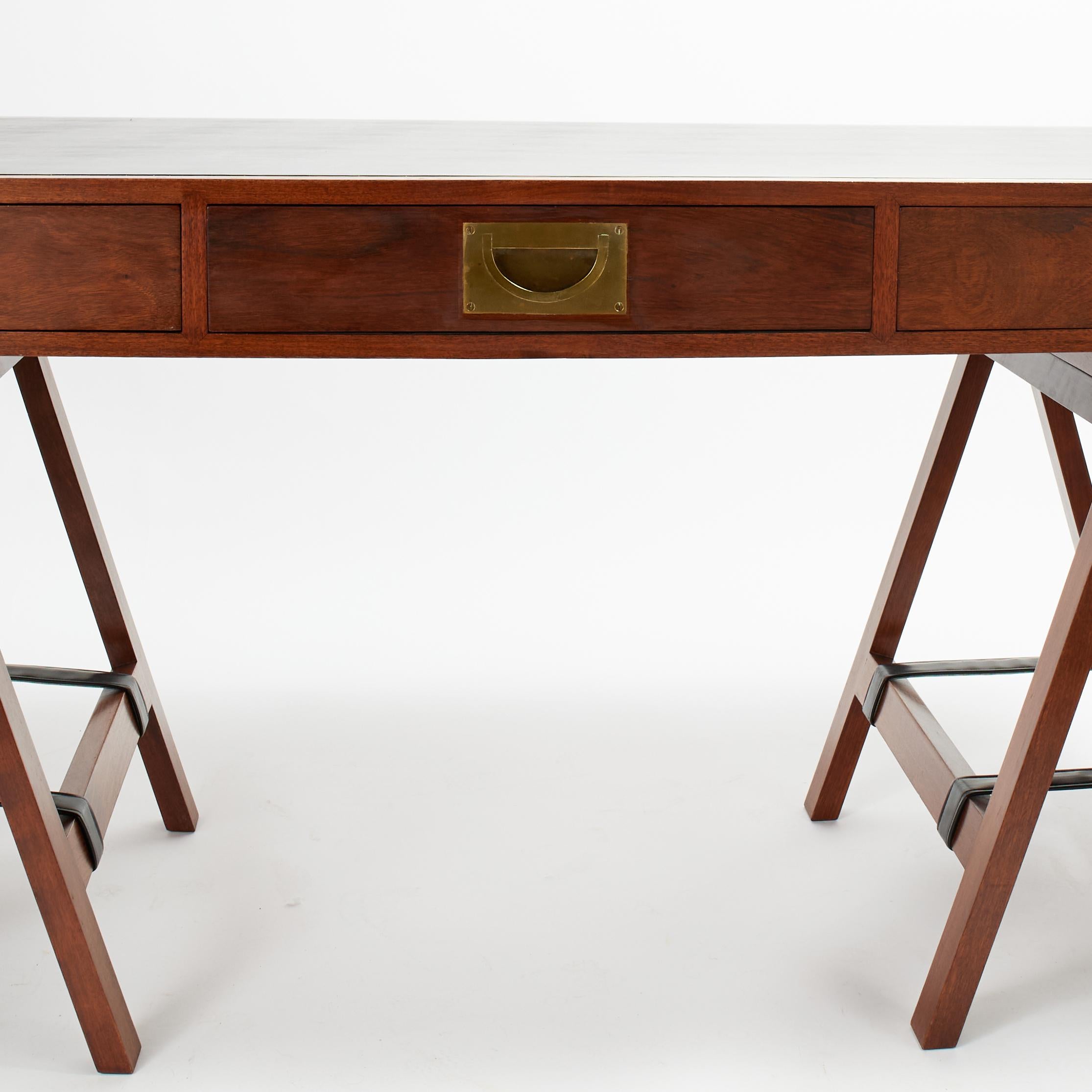 Hand-Crafted Vintage Charlotte Horstmann Campaign Style Sawhorse Leather Top Desk