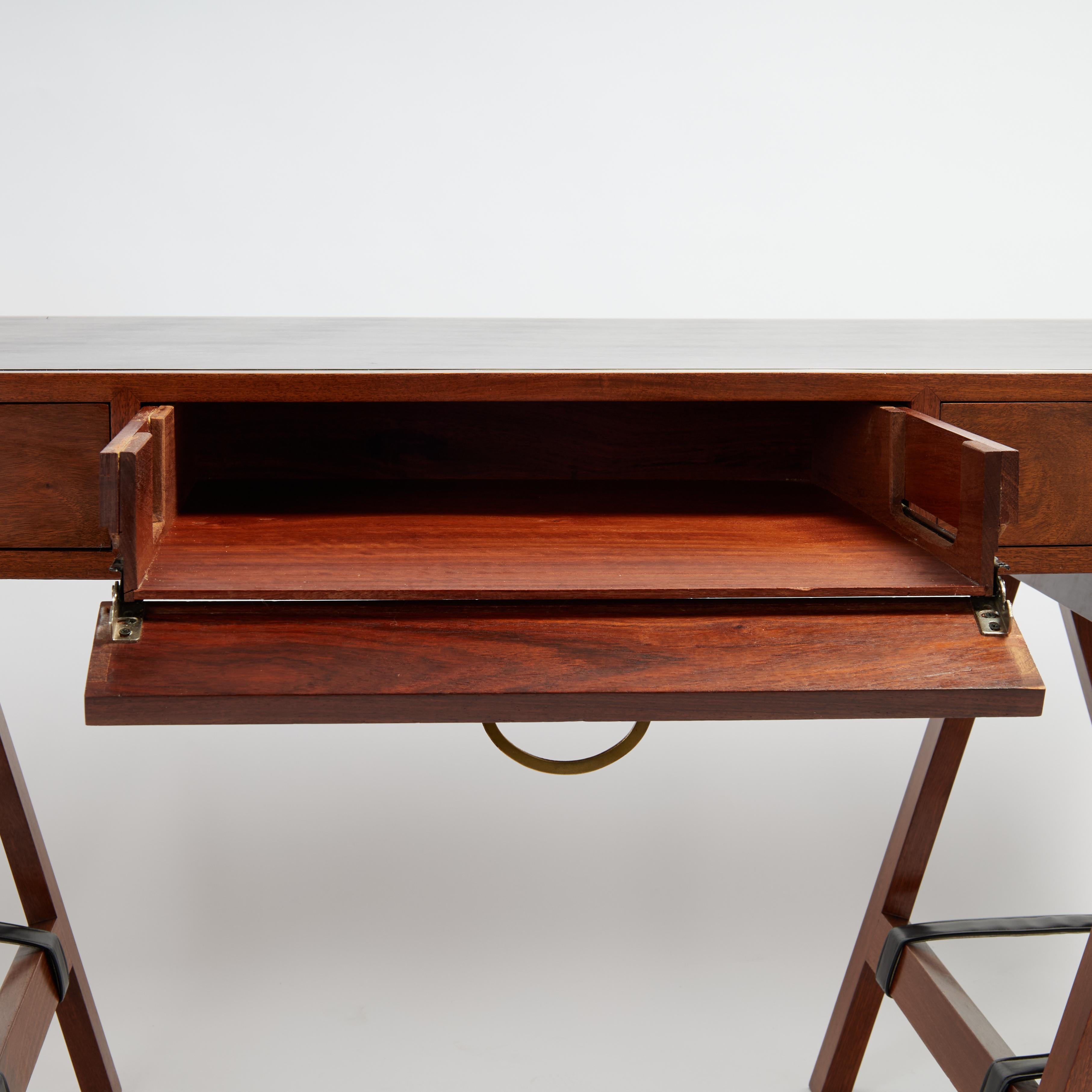 Vintage Charlotte Horstmann Campaign Style Sawhorse Leather Top Desk In Good Condition In Palm Beach, FL