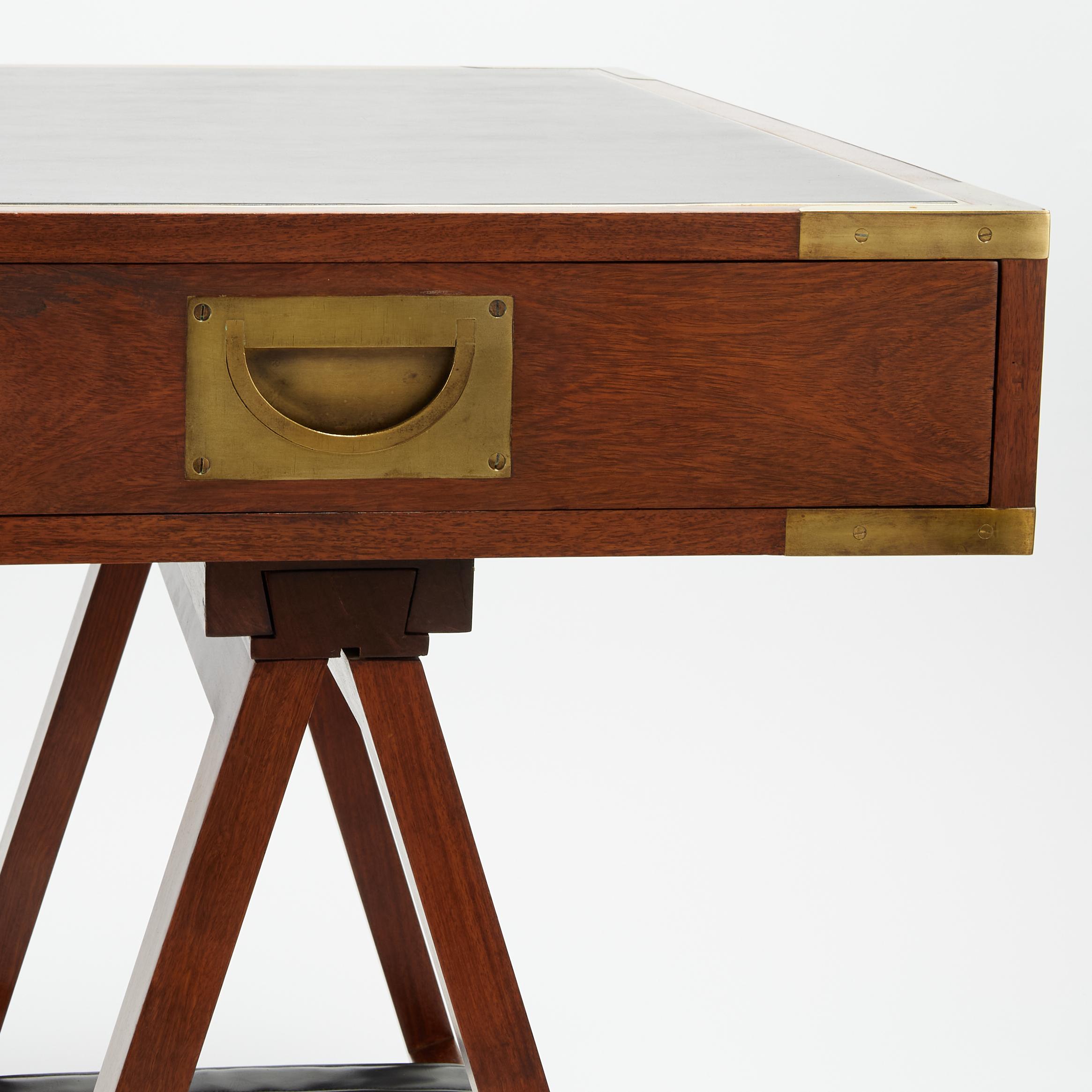 20th Century Vintage Charlotte Horstmann Campaign Style Sawhorse Leather Top Desk