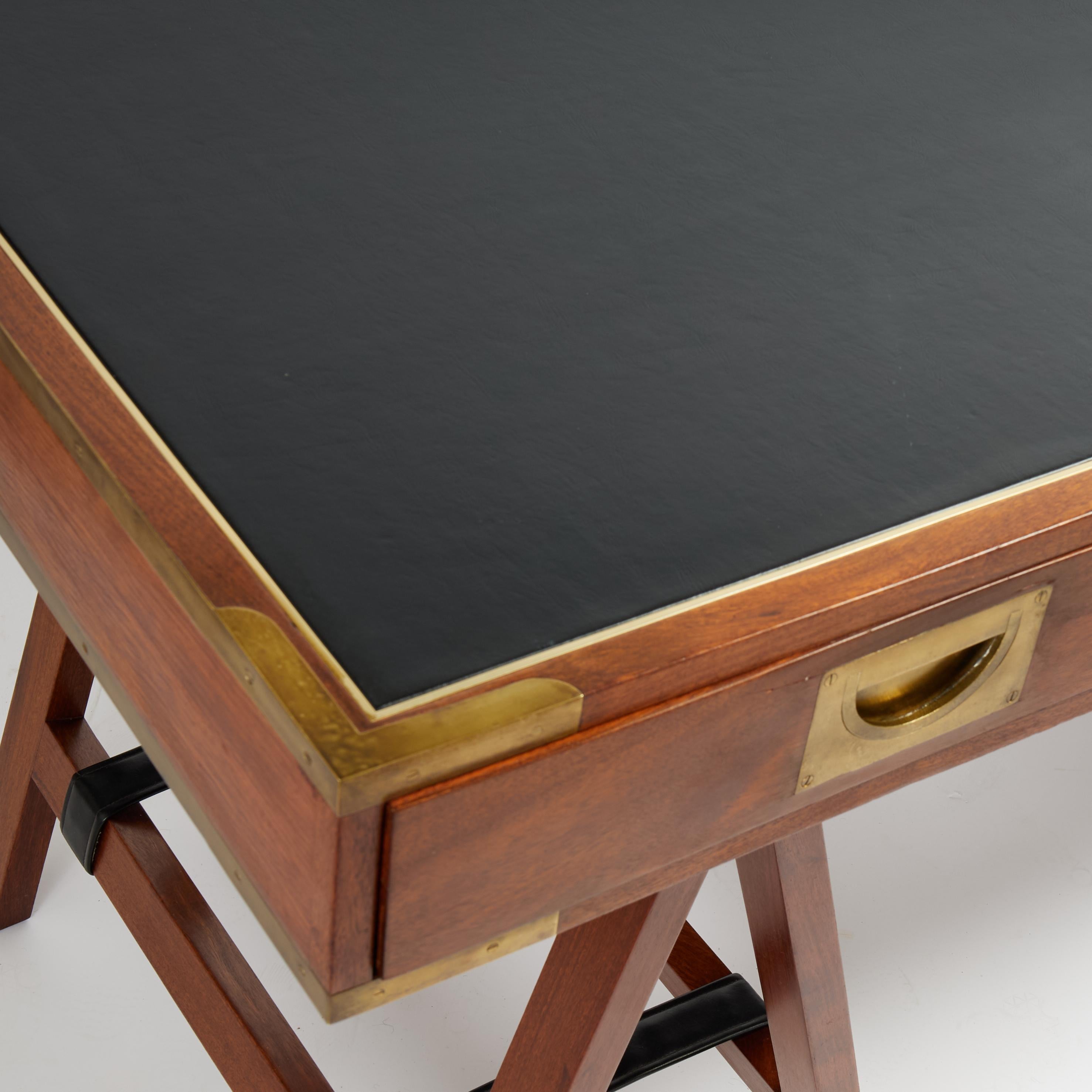 Brass Vintage Charlotte Horstmann Campaign Style Sawhorse Leather Top Desk