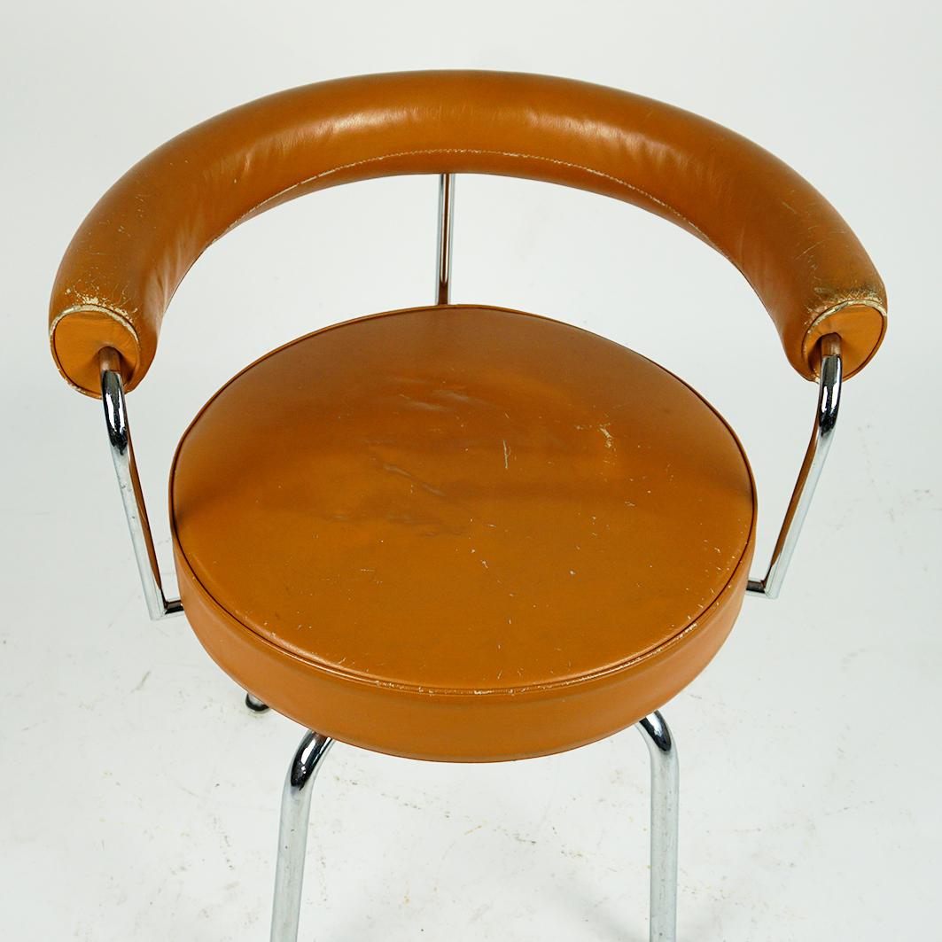 Italian Vintage Charlotte Perriand LC7 Cognac Leather and Chrome Swivel Chair by Cassina