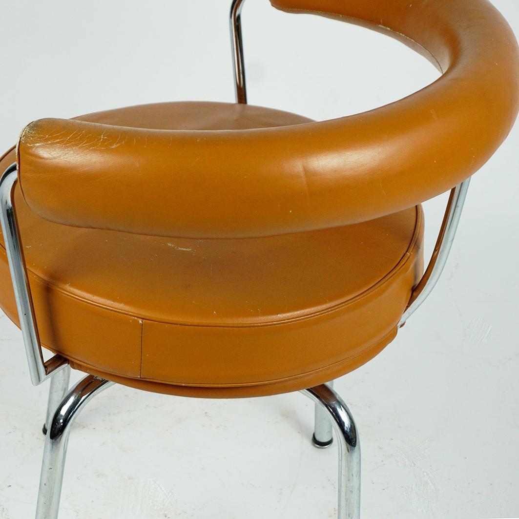 Vintage Charlotte Perriand LC7 Cognac Leather and Chrome Swivel Chair by Cassina 3