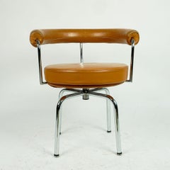 Vintage Charlotte Perriand LC7 Cognac Leather and Chrome Swivel Chair
