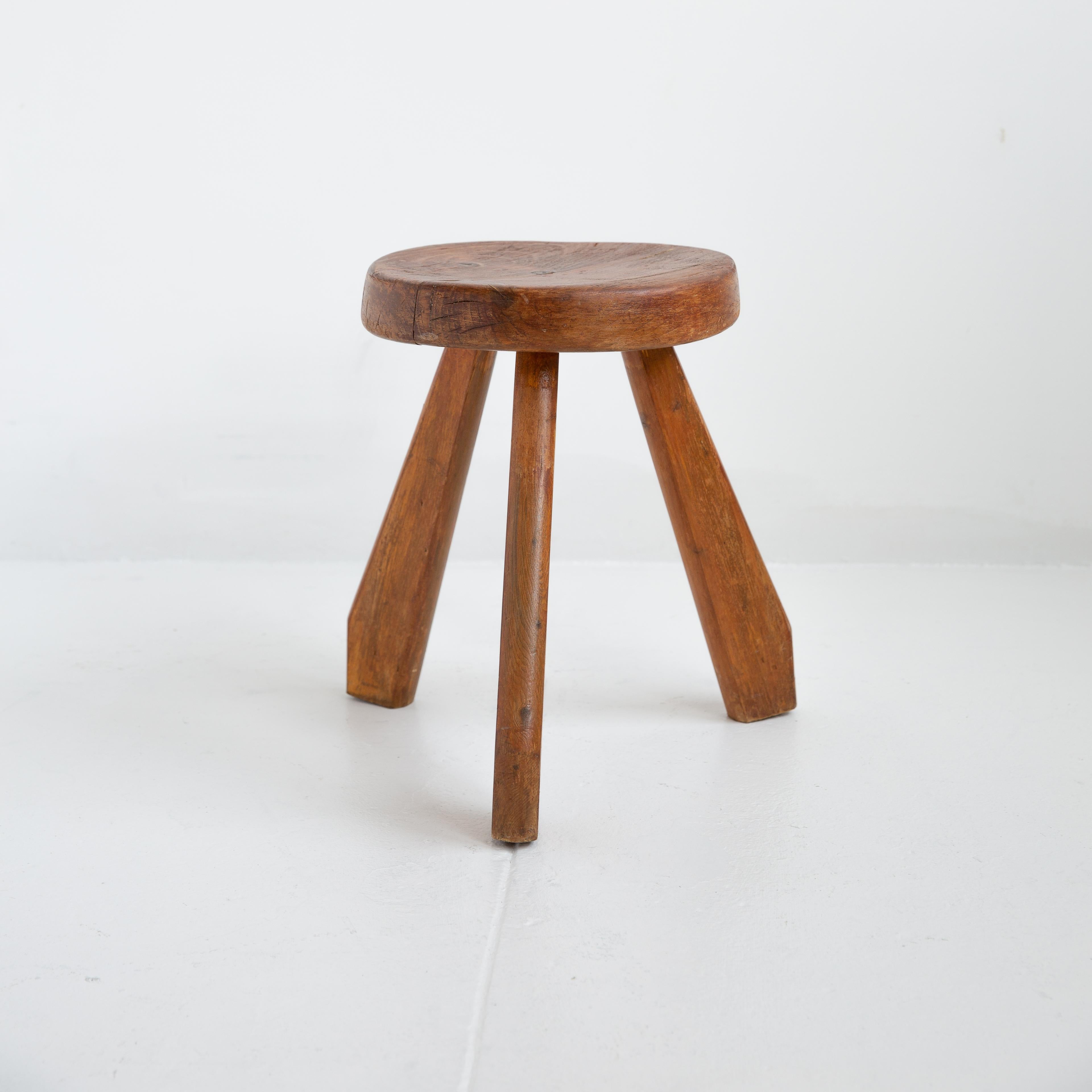 Modern Vintage Charlotte Perriand Round Dark Pine Stool for Les Arcs, 1960s, France For Sale