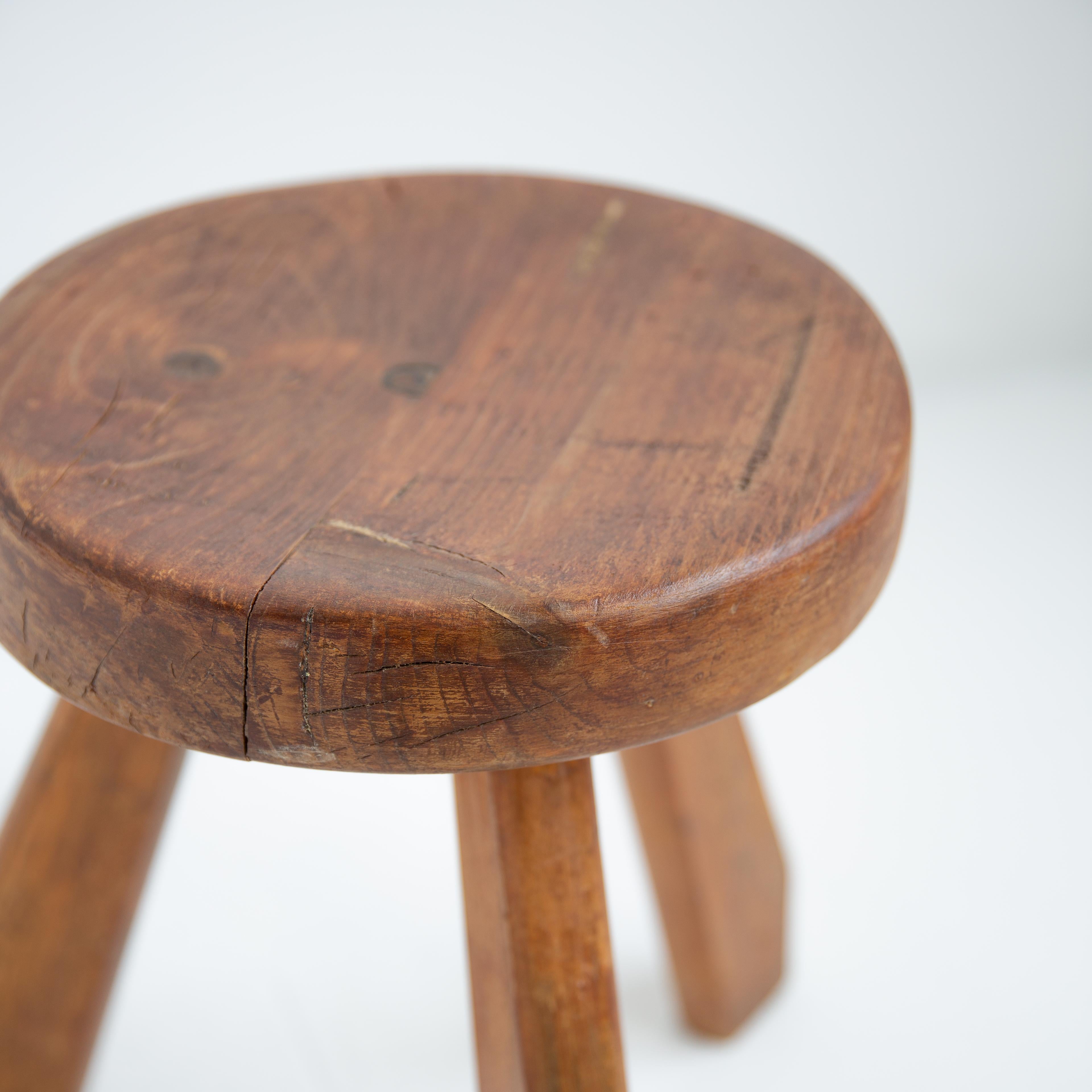 French Vintage Charlotte Perriand Round Dark Pine Stool for Les Arcs, 1960s, France For Sale