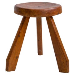 Vintage Charlotte Perriand Round Dark Pine Stool for Les Arcs, 1960s, France