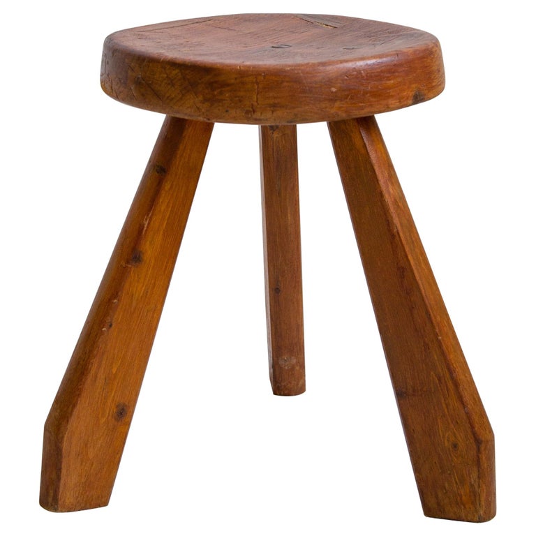 Vintage Charlotte Perriand Round Dark Pine Stool for Les Arcs, 1960s, France For Sale