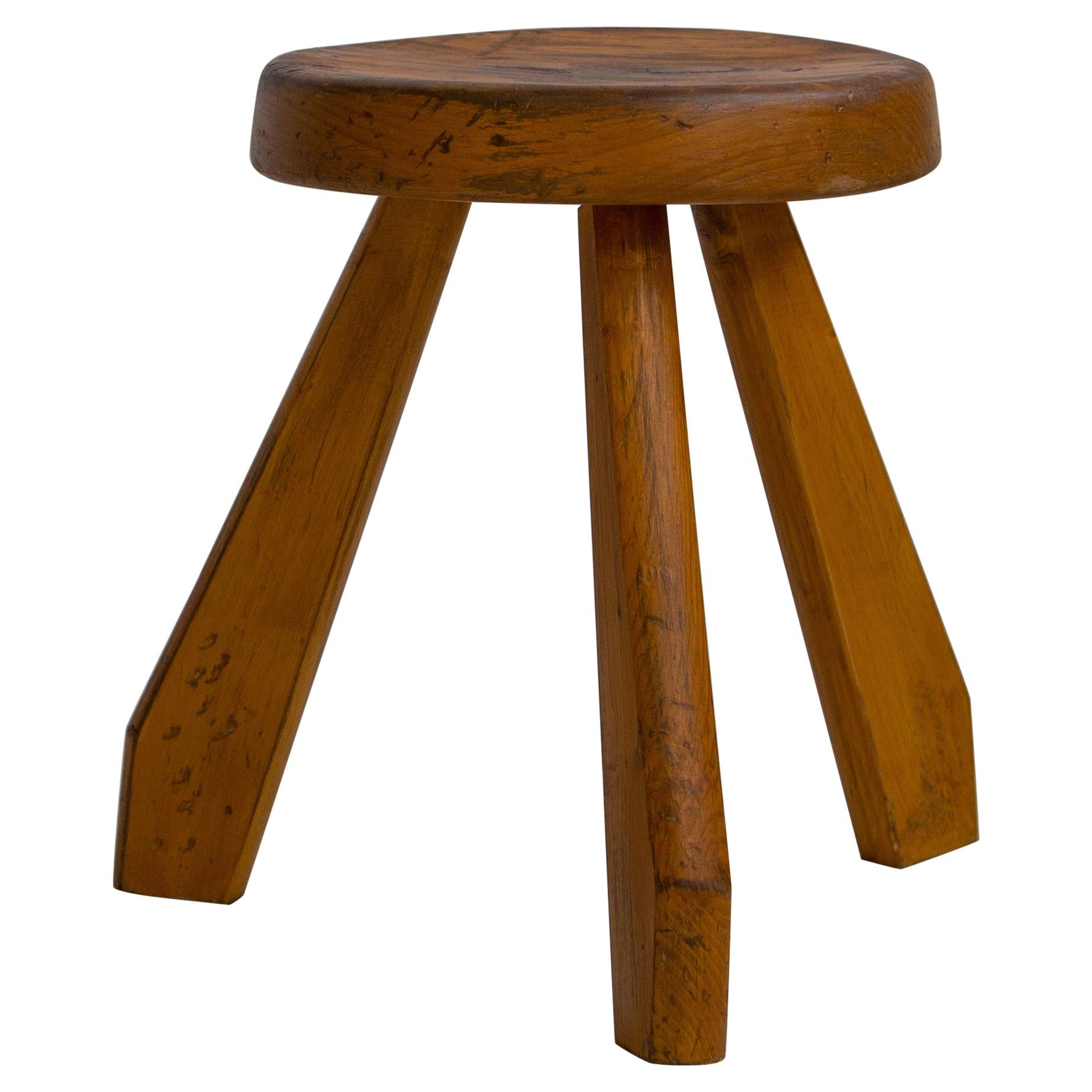 Vintage Charlotte Perriand Round Light Pine Stool for Les Arcs, 1960s, France For Sale