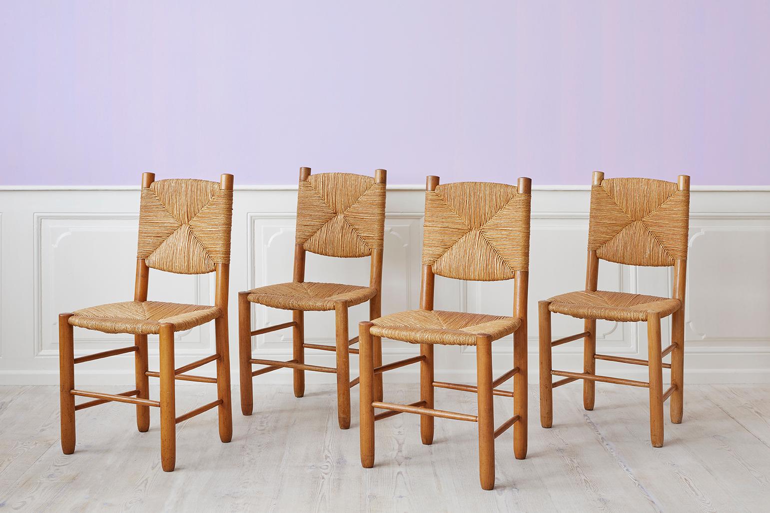 France, 1950's

A set of four chairs in ash with straw seat and back.

Provenance: The workshop of Charlotte Perriand’s cabinetmaker.

H 90 x W 43 x D 42 cm