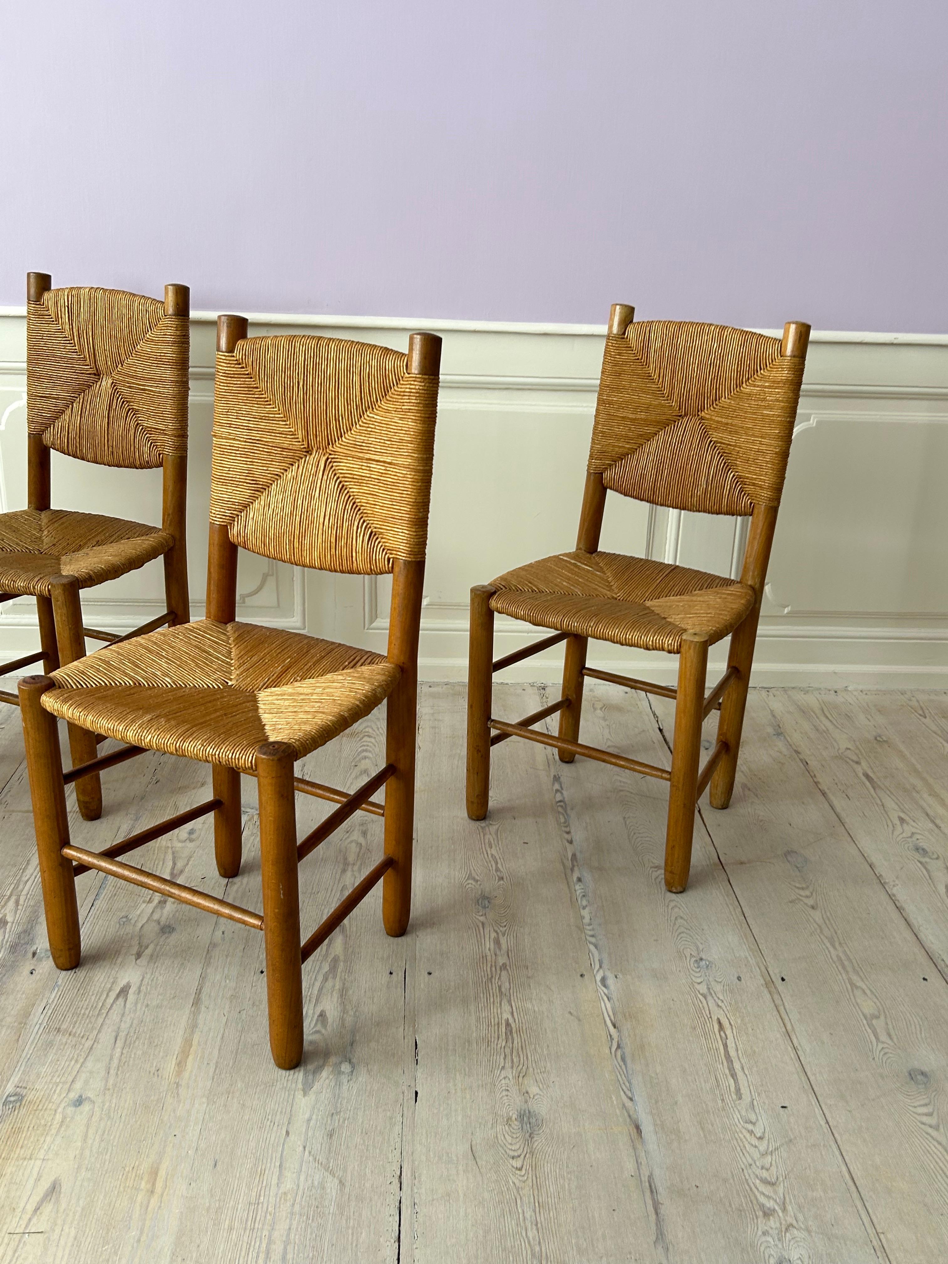 Mid-20th Century Vintage Set of Four Chairs in Ash and Straw, France, 1950s For Sale